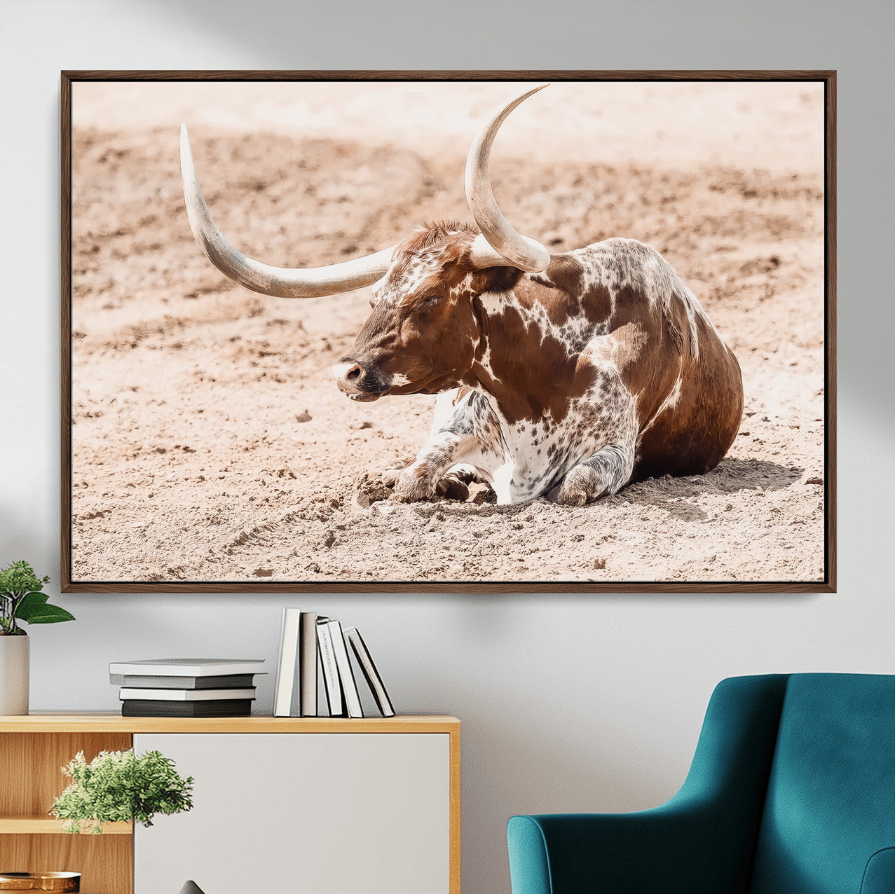 91248682-MGV-CV-36X24-Texas Longhorn Wall Art Canvas Print – Framed Resting Bull Scene with Spotted Cattle Artwork for Home, Office
