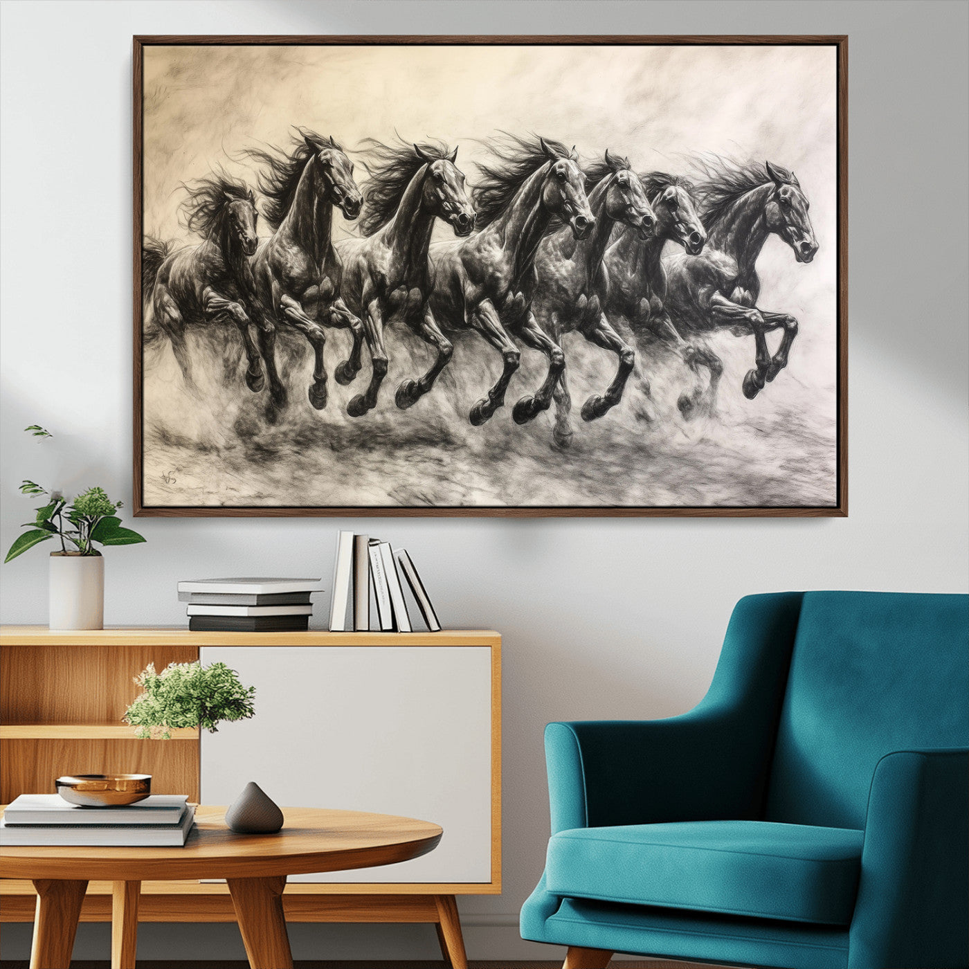 Monochrome drawing of a herd of galloping horses, perfect for dynamic and wild-themed decor in any equestrian or nature-inspired room.