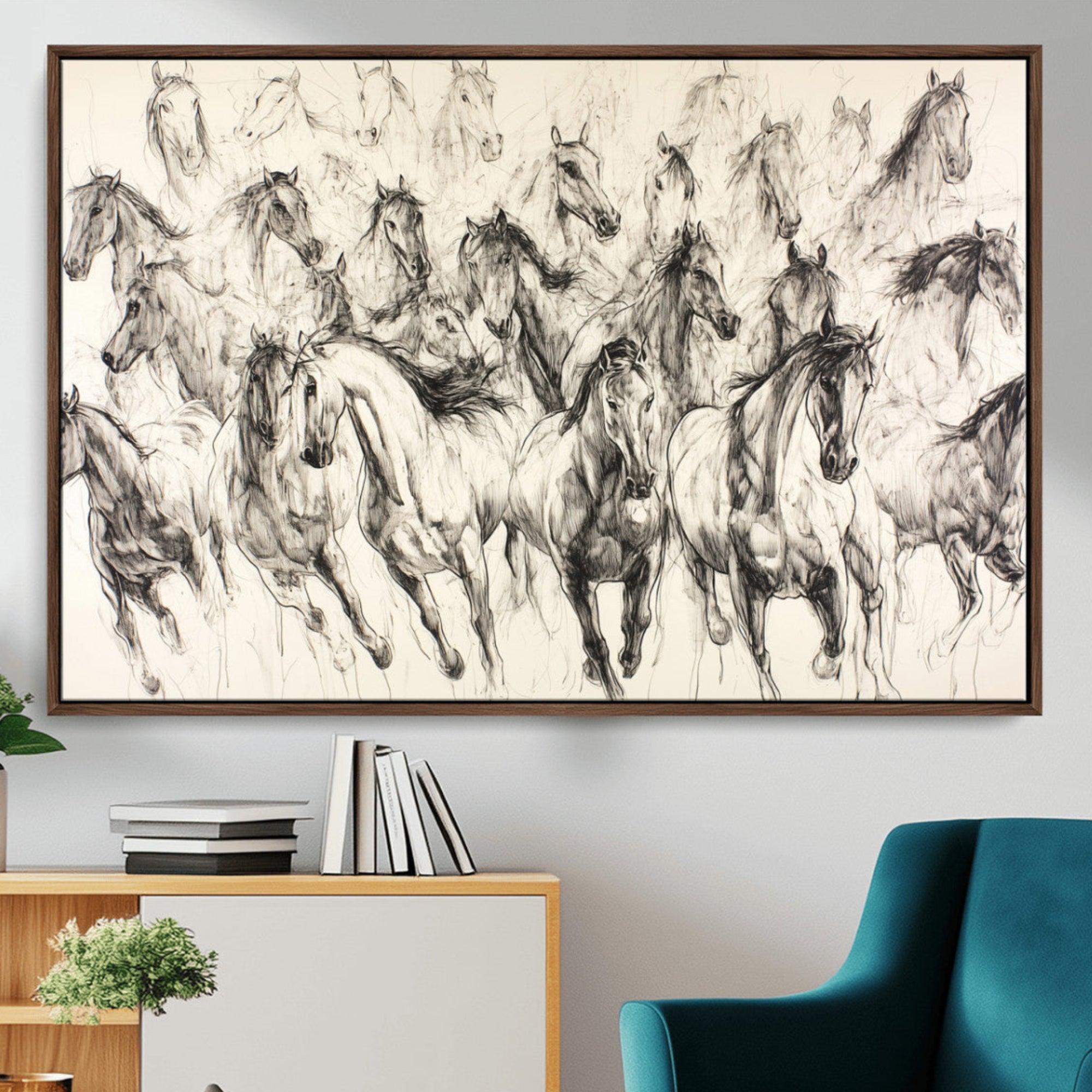 19433417-MGV-CV-36X24-Running Horses Wall Art Canvas Print – Framed Horse Sketch Scene with Galloping Herd Artwork for Home, Office