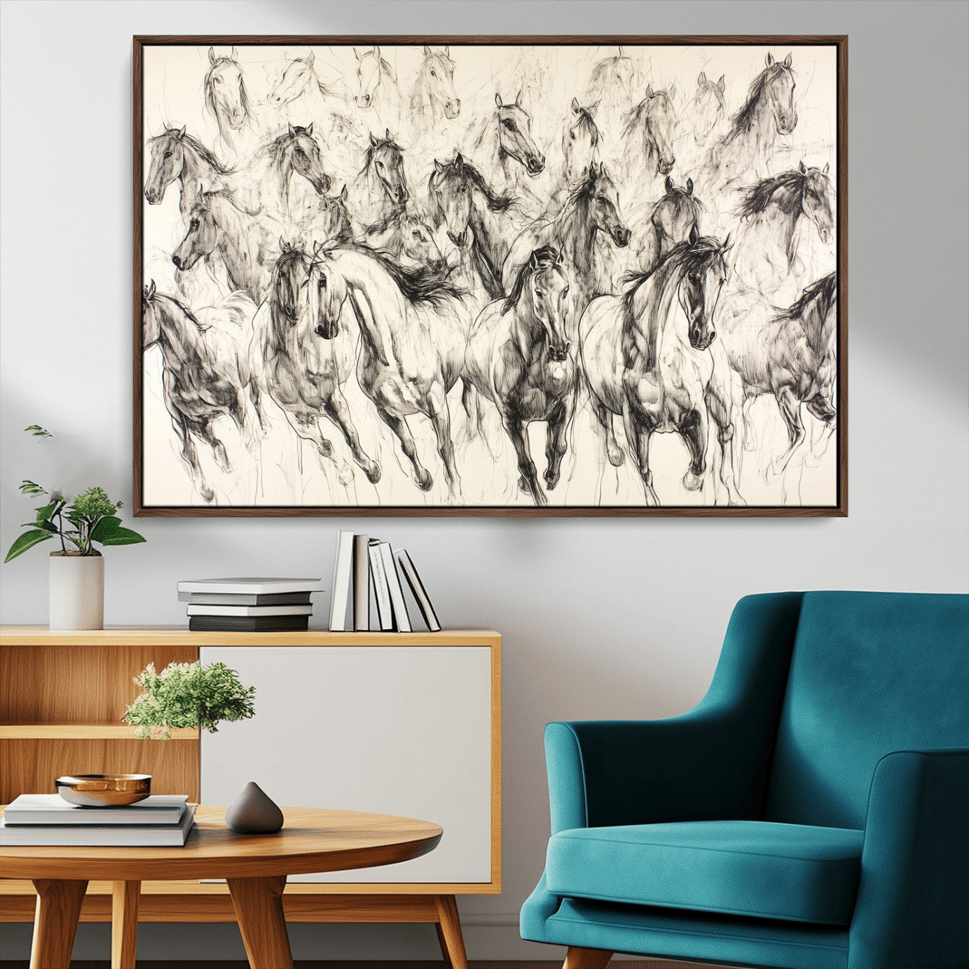 Monochrome ink sketch of galloping horses in dynamic motion, perfect for western or equine-themed wall decor with bold artistic energy.