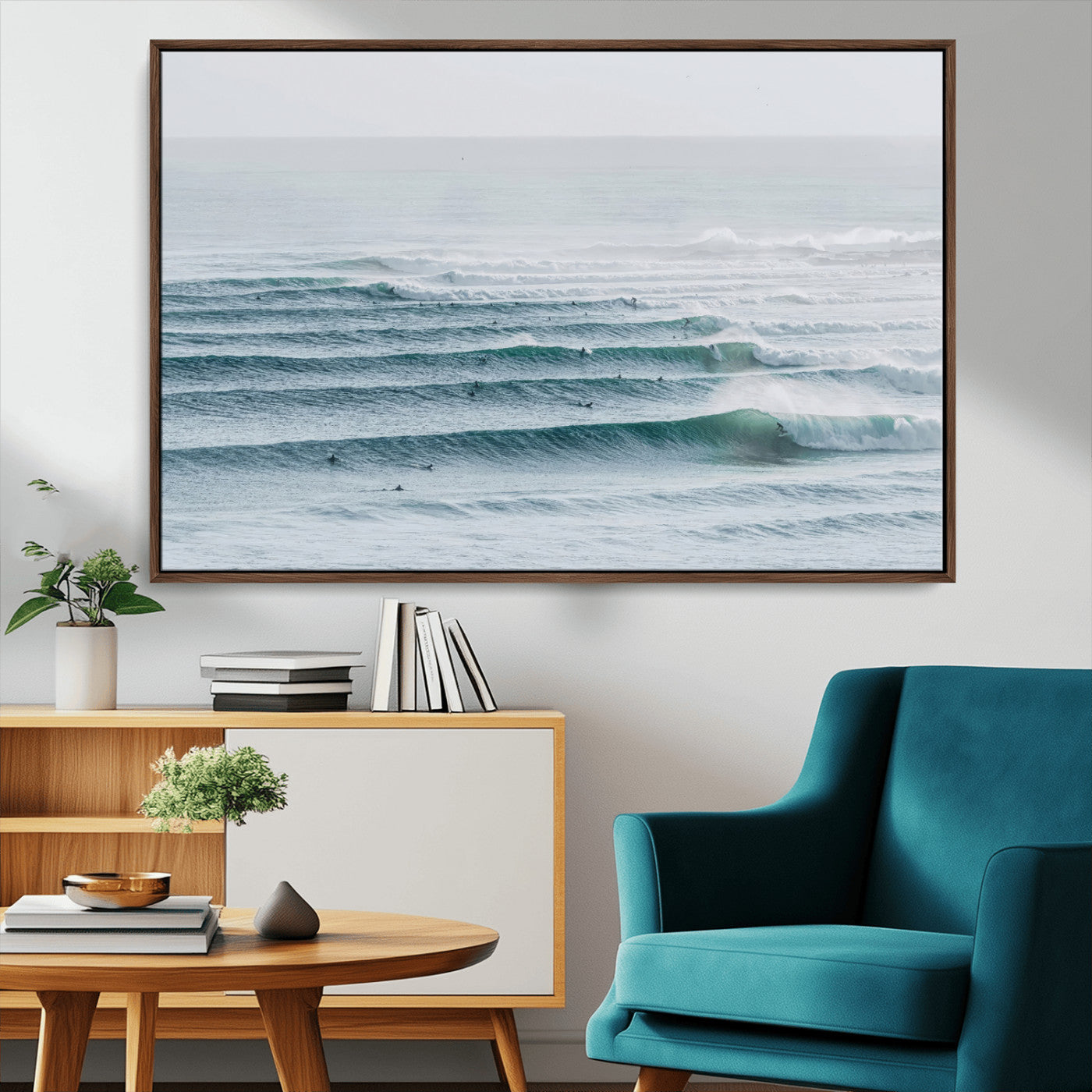 MGV-FC-36X24 - Ocean Waves Wall Art Canvas Print, Framed Surfer Lineup Art Picture Print, Crowded Ocean Perfect Minimal Coastal Decor Artwork