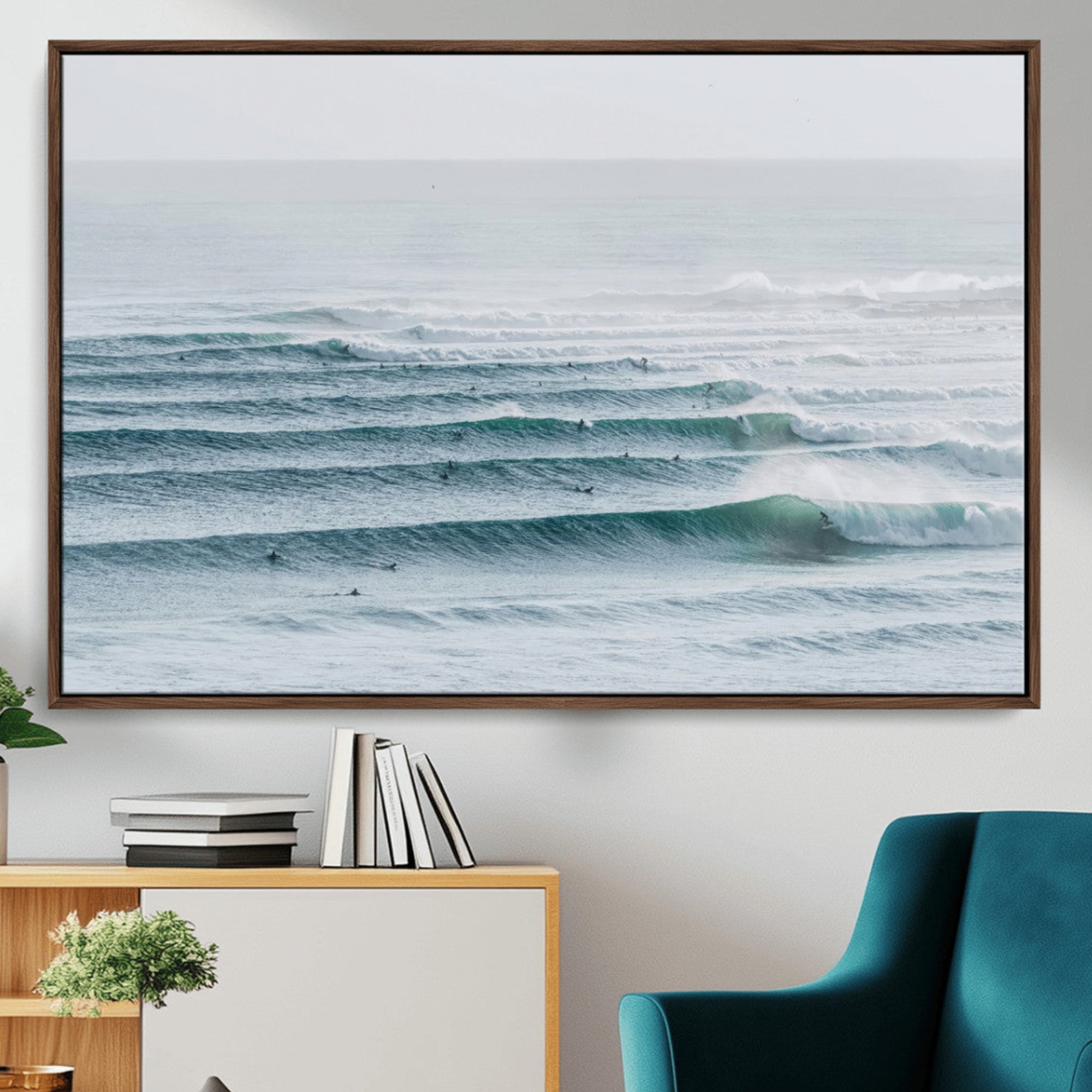 73969318-MGV-CV-36X24-Ocean Waves Wall Art Canvas Print – Framed Surfer Lineup Scene with Crowded Ocean Artwork for Home, Office