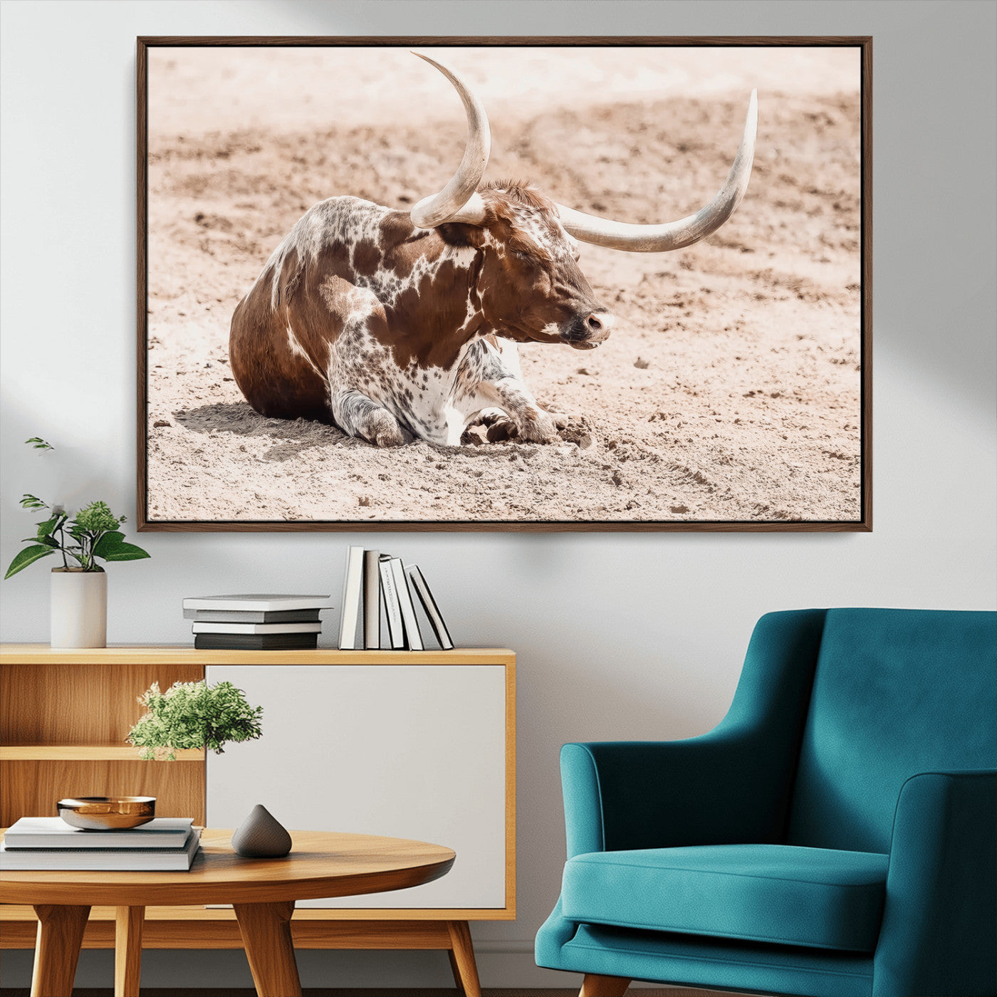 MGV-FC-36X24 - Texas Longhorn Wall Art Canvas Print, Framed Resting Bull Art Picture Print, Spotted Cattle Perfect Rustic Western Decor Artwork