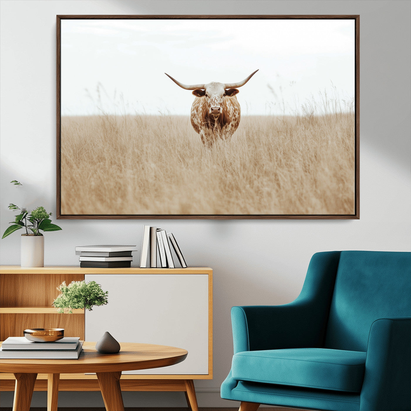 MGV-FC-36X24 - Texas Longhorn Wall Art Canvas Print, Framed Lone Cattle Art Picture Print, Longhorn Bull Perfect Rustic Western Decor Artwork