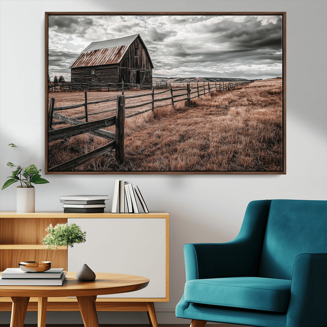 Rustic Barn Wall Art Canvas Print, Framed Moody Field Scene