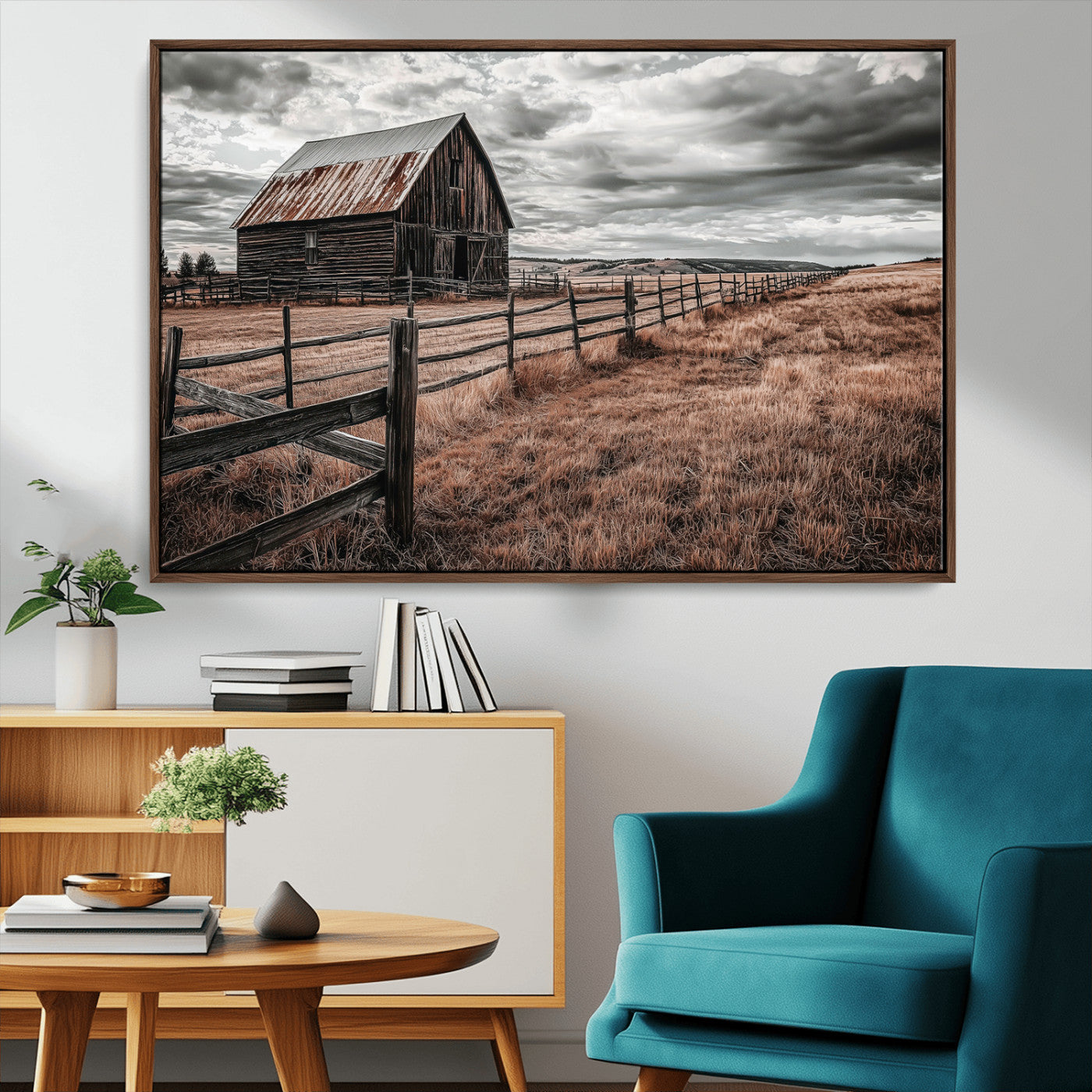 MGV-FC-36X24 - Rustic Barn Wall Art Canvas Print, Framed Moody Field Art Picture Print, Weathered Fence Perfect Moody Farmhouse Decor Artwork