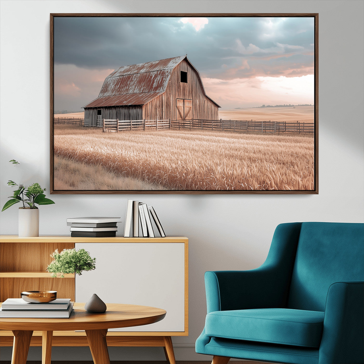 MGV-FC-36X24 - Rustic Barn Wall Art Canvas Print, Framed Wheat Field Art Picture Print, Sunset Barn Perfect Vintage Farmhouse Decor Artwork