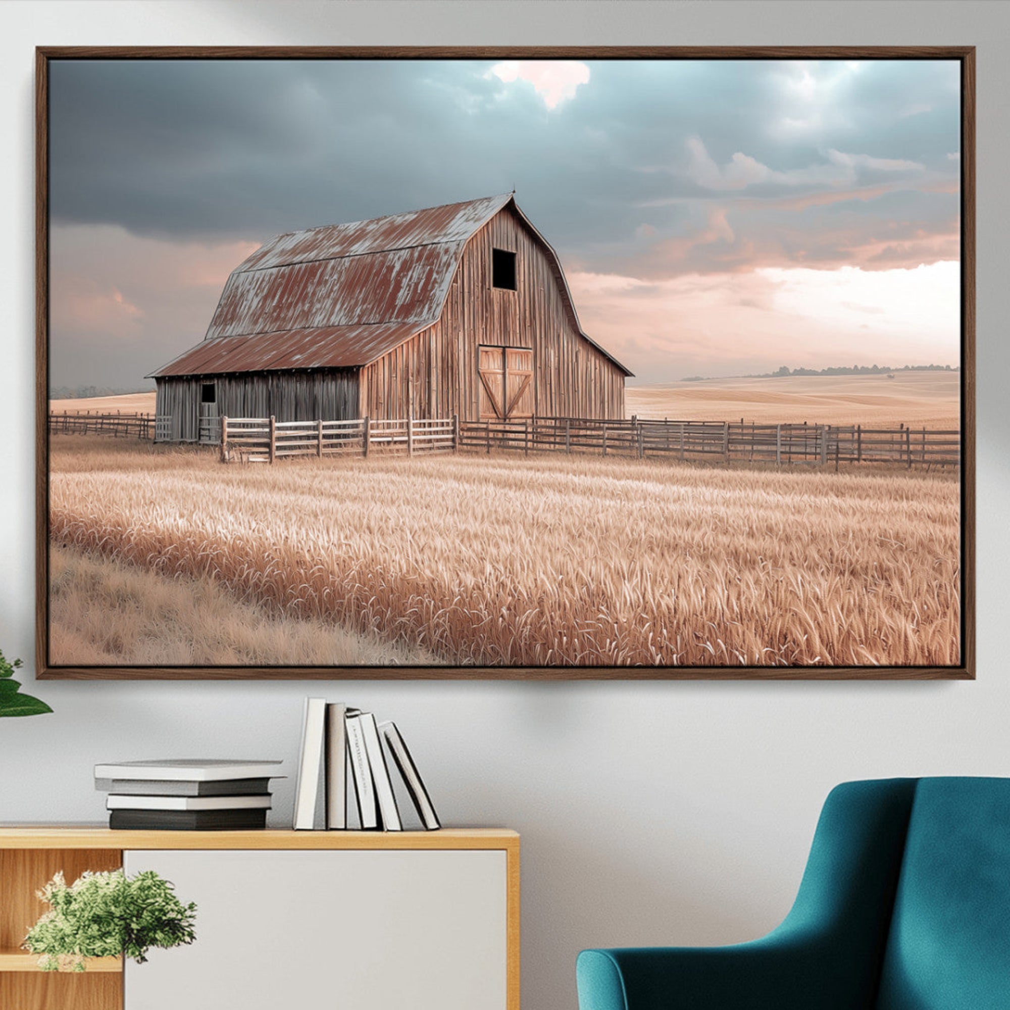 36878364-MGV-CV-36X24-Rustic Barn Wall Art Canvas Print – Framed Wheat Field Scene with Sunset Barn Artwork for Home, Office, Living Room