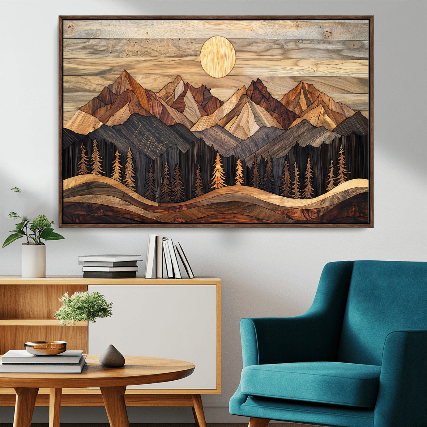 MGV-FC-36X24 - Wood Mountain Wall Art Canvas Print, Framed Boho Wood Art Picture Print, Abstract Woodland Perfect Farmhouse Decor Artwork