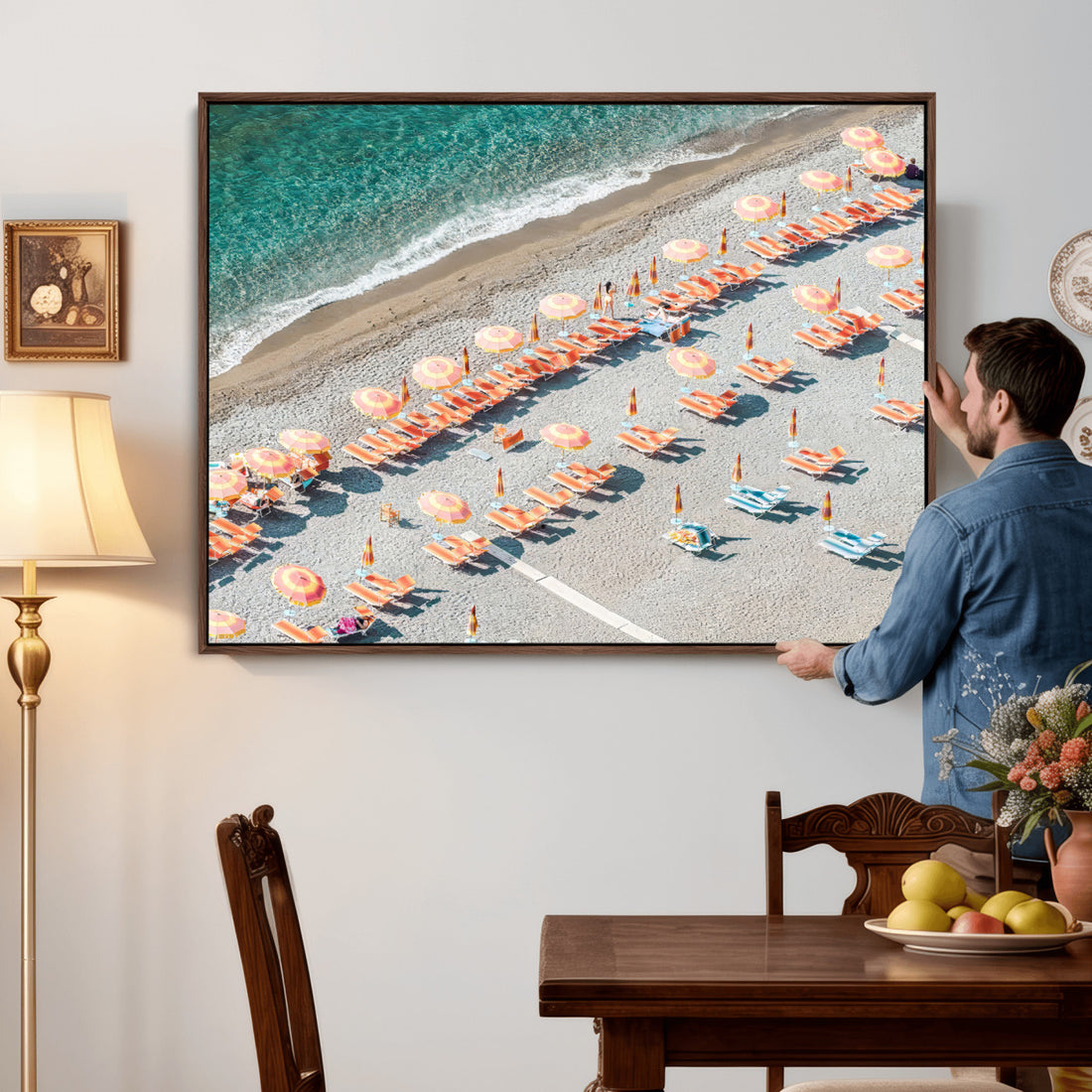 Minimalist Beach Wall Art | Orange Loungers & Turquoise Water Canvas Print