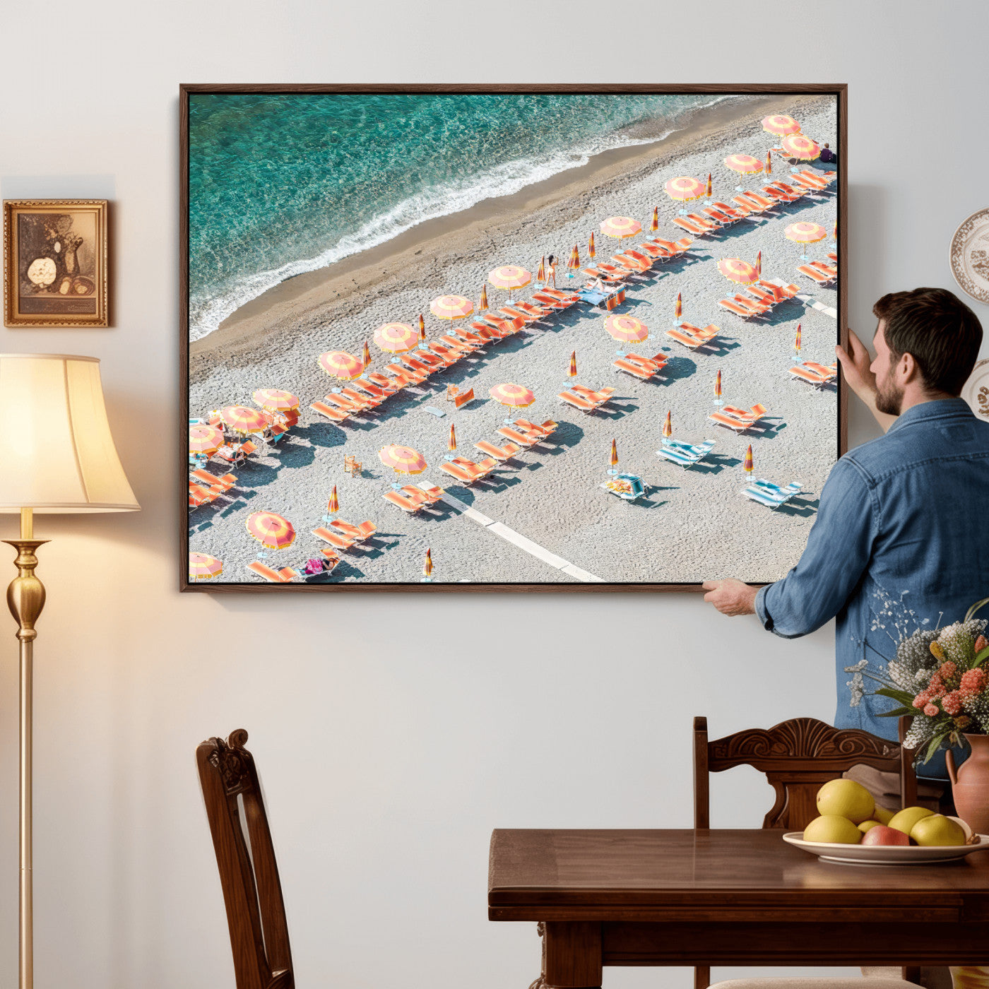 27805351-MGV-CV-36X24 - Beach Umbrellas Wall Art – Orange Loungers & Turquoise Water Canvas Print, Sandy Shore and Summer Vibes