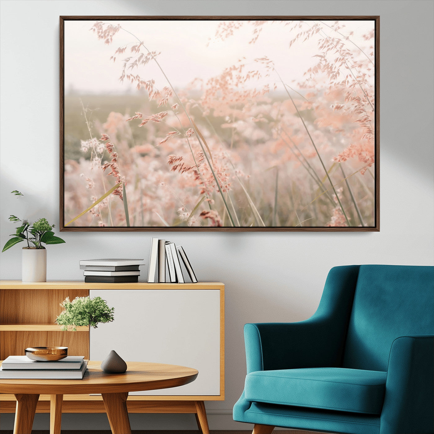 MGV-FC-36X24 - Pastel Grasses Wall Art Canvas Print, Framed Soft Meadow Art Picture Print, Field in Breeze Perfect Soft Pastel Minimal Decor Artwork