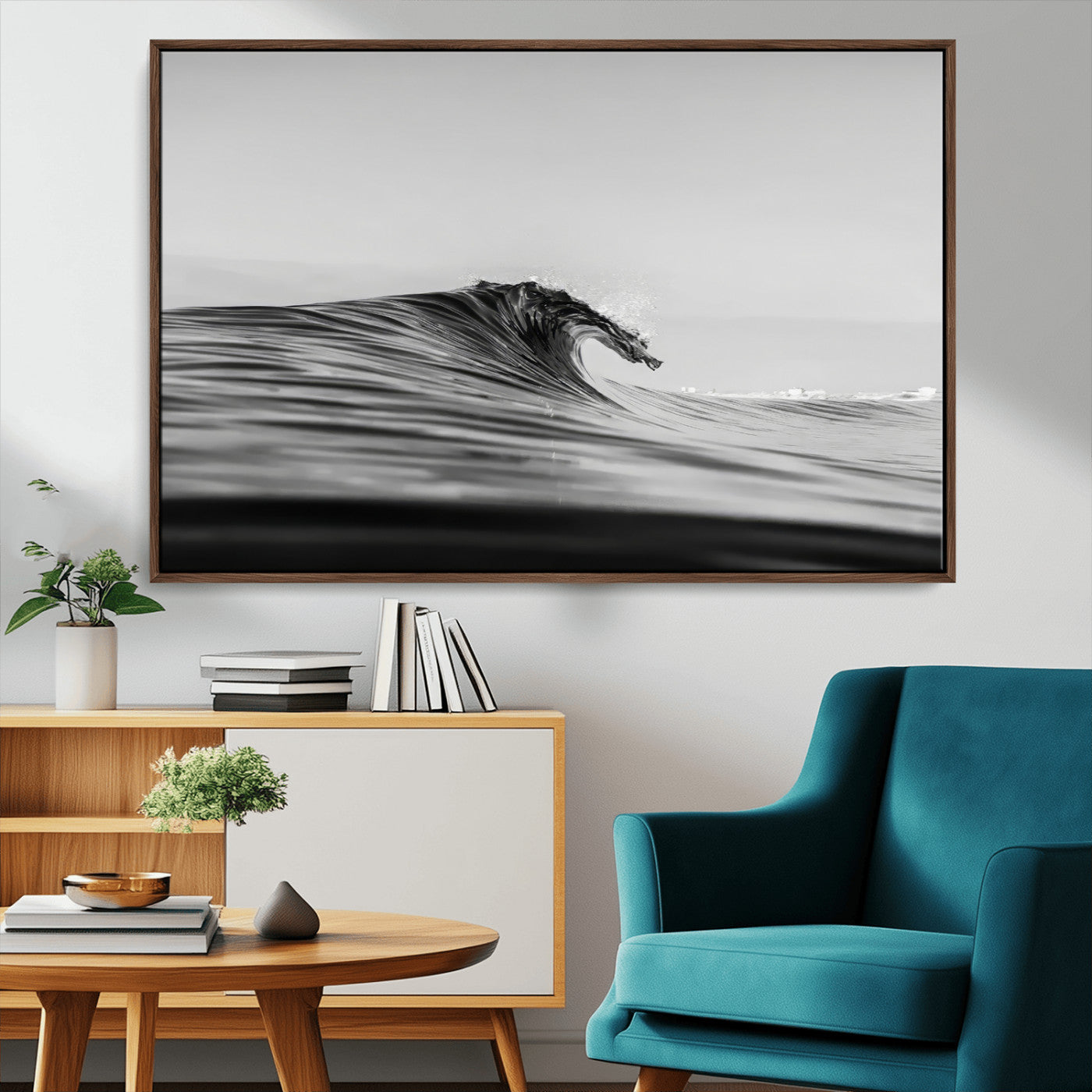 MGV-FC-36X24 - Black Wave Wall Art Canvas Print, Framed Abstract Surf Art Picture Print, Minimalist Ocean Perfect Minimalist Coastal Decor Artwork