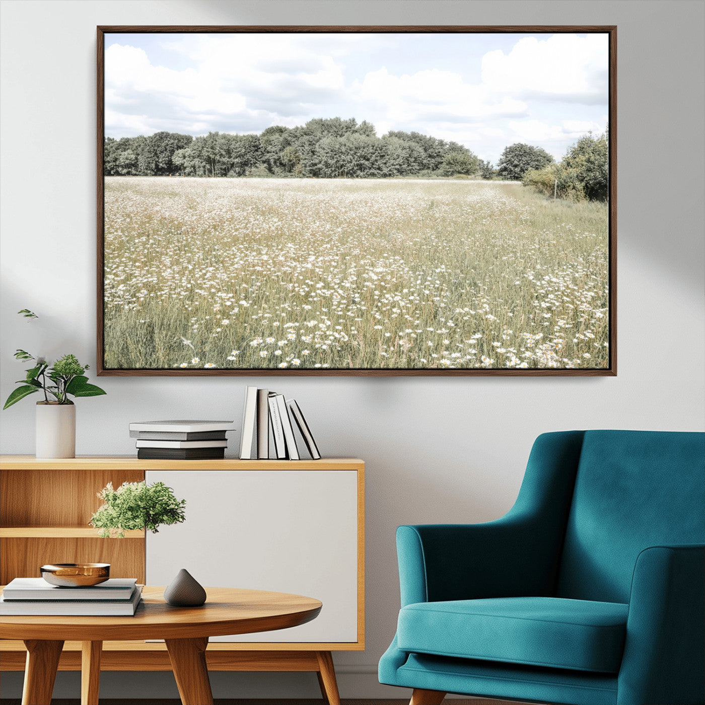 MGV-FC-36X24 - Charming Daisy Field Wall Art Canvas Print, Framed Pastel Flower Art Picture Print, Meadow Bloom Perfect Scandinavian Minimalist Decor Artwork
