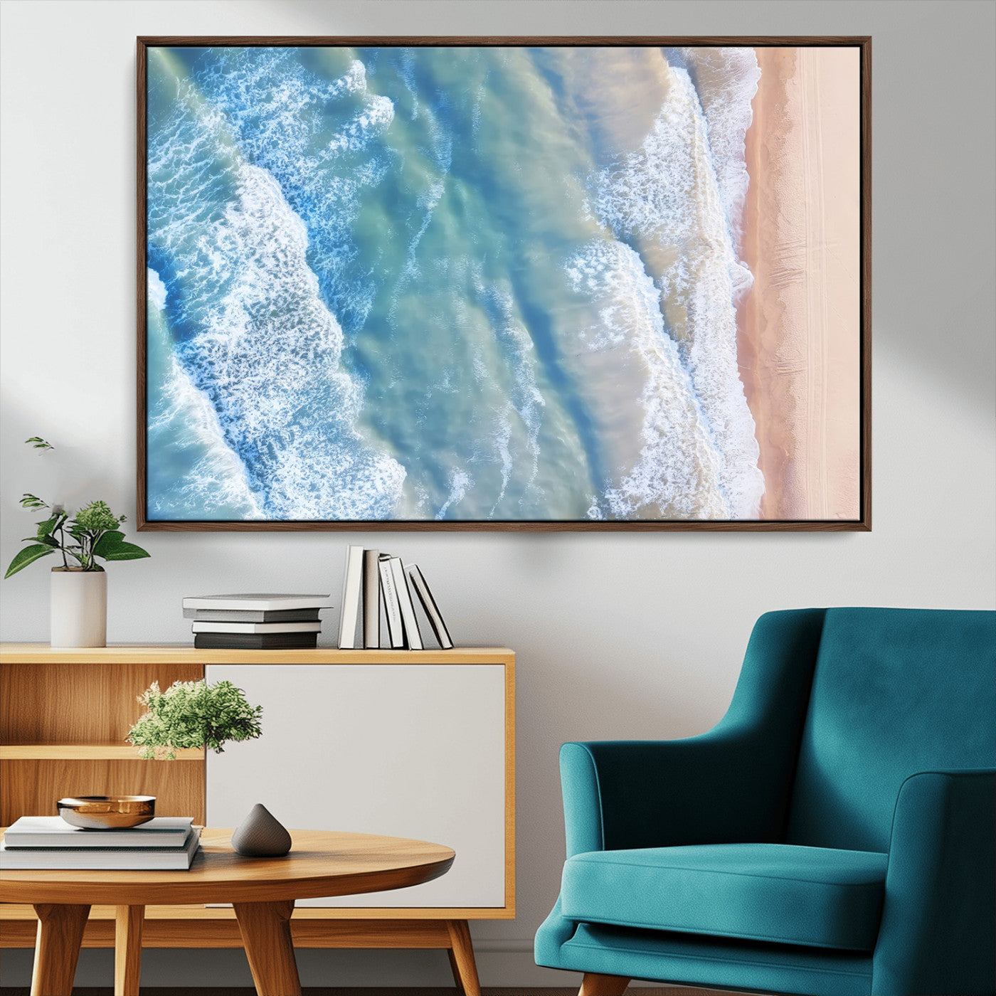 MGV-FC-36X24 - Aerial Ocean View Wall Art Canvas Print, Framed Soft Blue Waves Art Picture Print, Sandy Shoreline Perfect Modern Coastal Decor Artwork