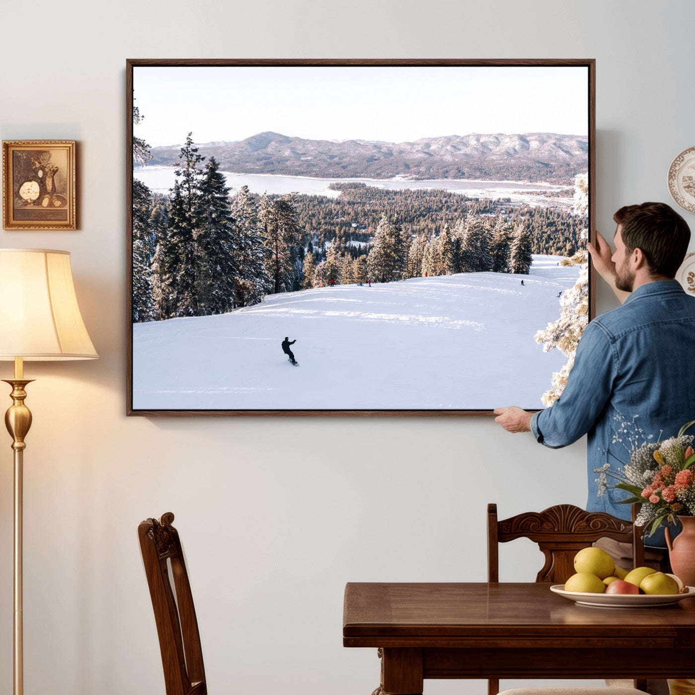 79857868-MGV-CV-36X24 - Snowboarder Wall Art – Winter Slope Canvas Print, Pine Forest, Snow-Covered Mountains, Outdoor Adventure for Living Room or Cabin Decor
