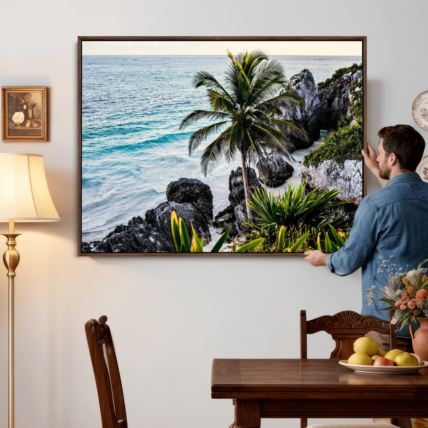 94669907-MGV-CV-36X24 - Tropical Palm Wall Art – Coastal Rocks Canvas Print, Ocean Breeze, Sandy Shore, Vibrant Green Foliage for Living Room or Beach House Decor