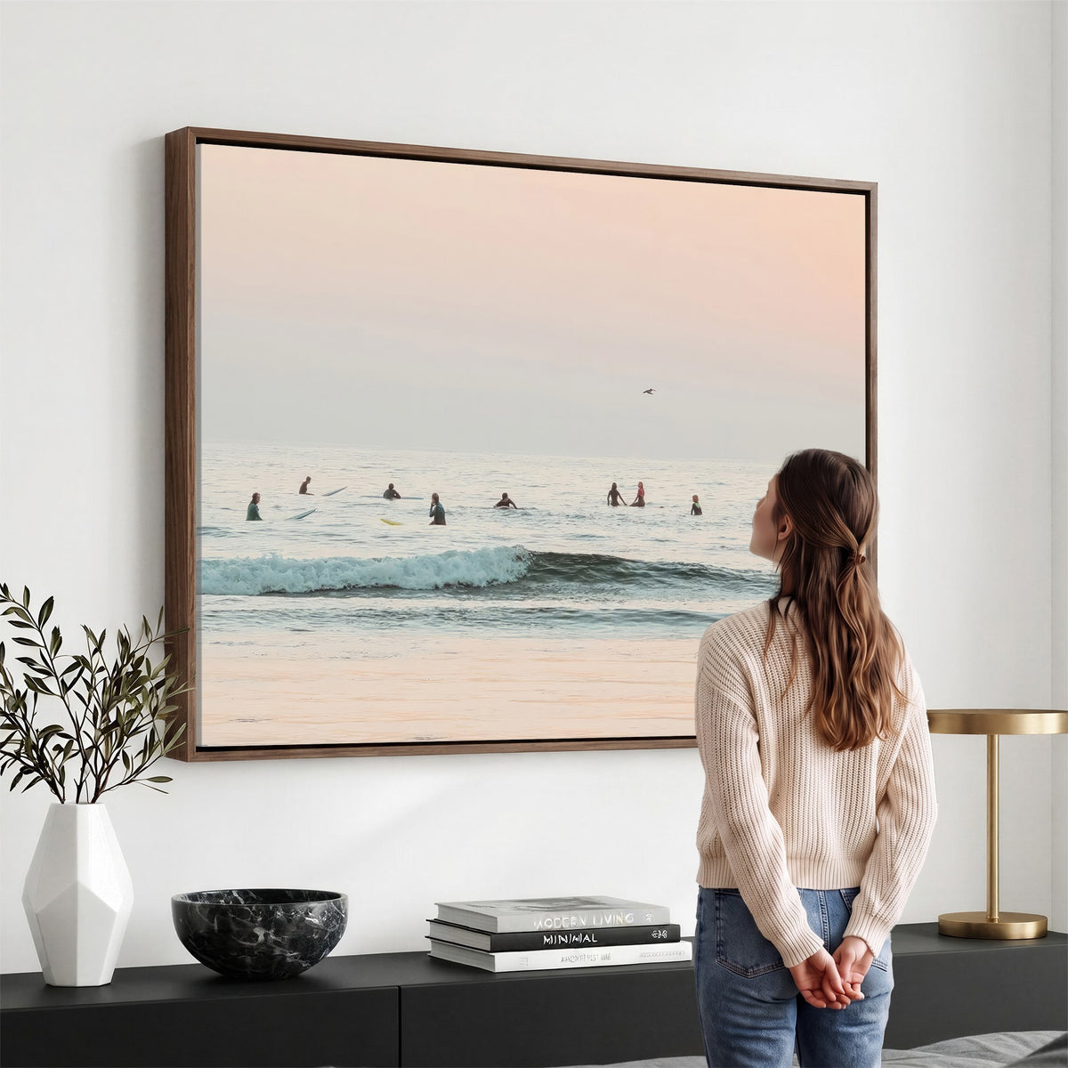 98888919-MGV-CV-24X16 - Pastel Ocean Wall Art Canvas Print, Framed Soft Sunset Calm Sea Coastal Art