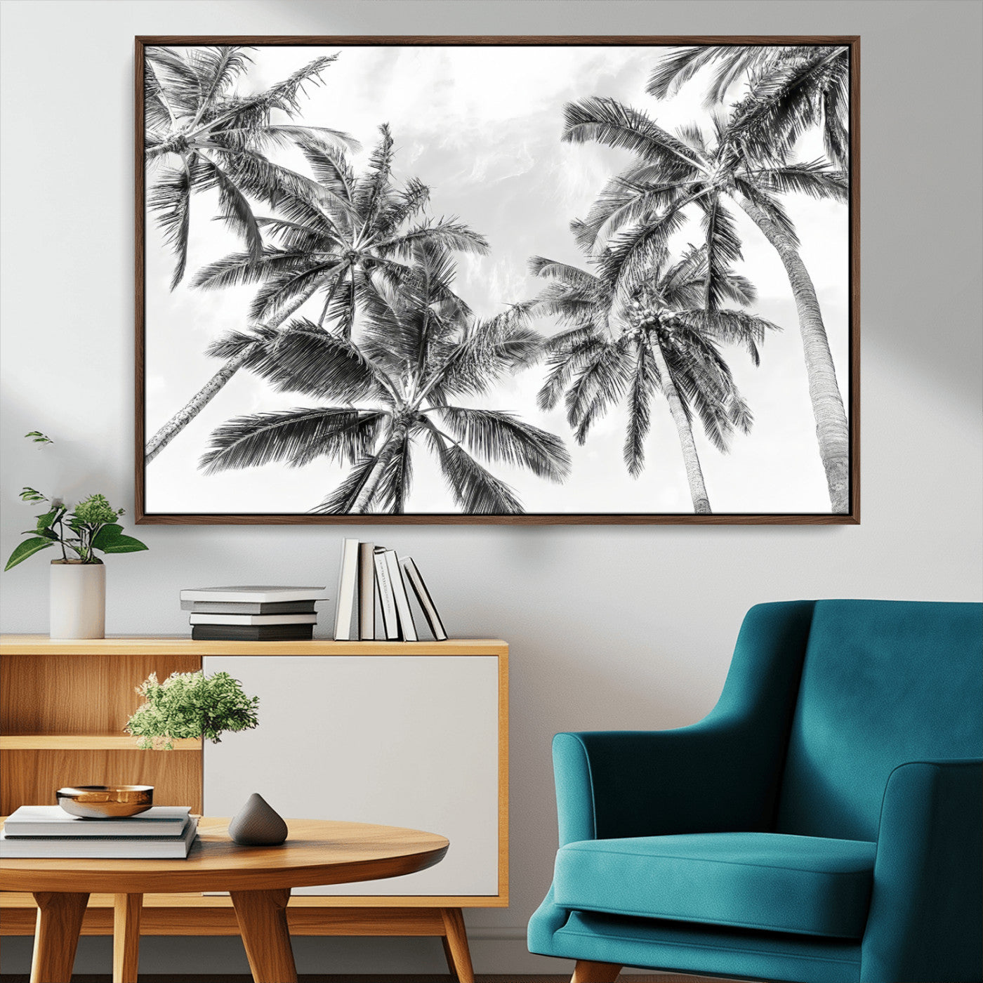 MGV-FC-36X24 - Black White Palm Wall Art Canvas Print, Framed Monochrome Tropics Art Picture Print, Minimalist Beach Perfect Coastal Minimalist Decor Artwork