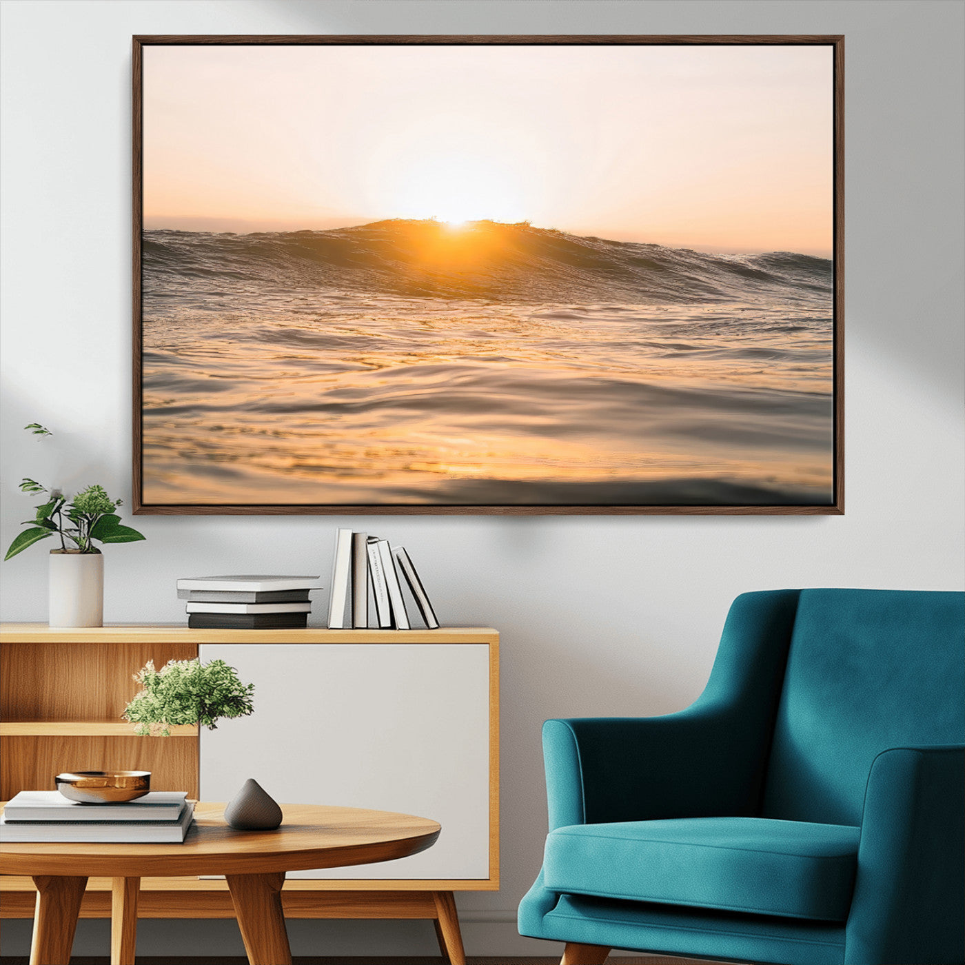 MGV-FC-36X24 - Calm Water Wall Art Canvas Print, Framed Sunset Waves Art Picture Print, Coastal Warmth Perfect Warm Minimalist Decor Artwork
