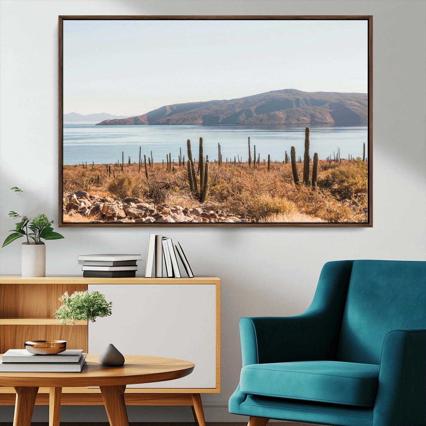 MGV-FC-36X24 - Desert Cactus Wall Art Canvas Print, Framed Baja Coastline Art Picture Print, Coastal Desert Perfect Southwestern Minimalist Decor Artwork