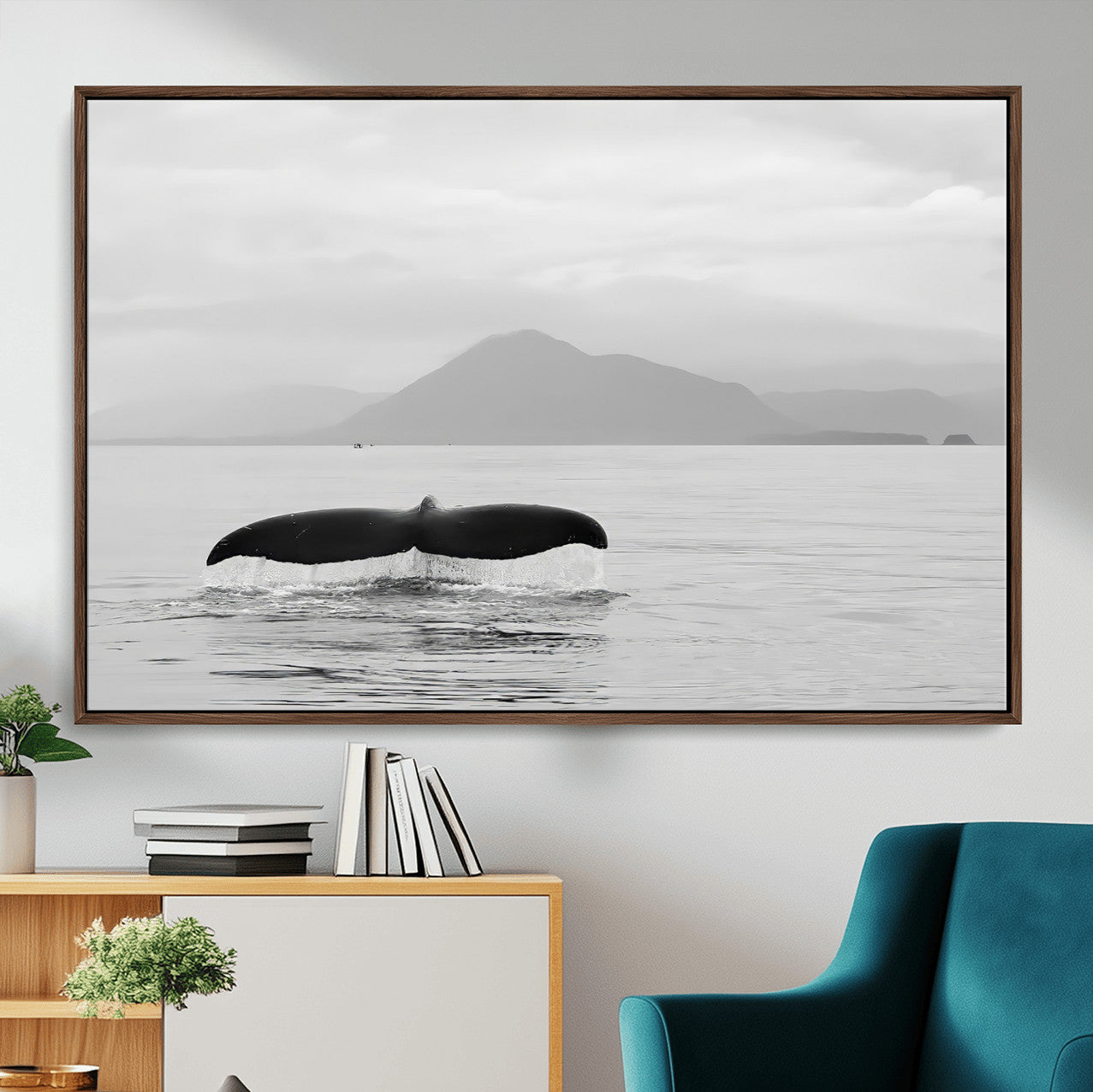 MGV-FC-36X24 - Whale Tail Wall Art Canvas Print, Framed Black White Ocean Art Picture Print, Calm Marine Perfect Minimalist Coastal Decor Artwork
