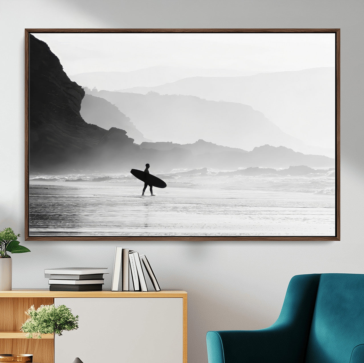 69956934-MGV-CV-36X24-Surfer Beach Wall Art – Framed Black White Ocean Canvas Artwork, Misty Coastal Design, Minimal Surf Decor for Home, Office