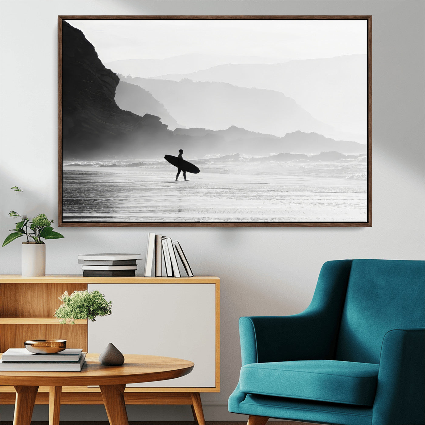 MGV-FC-36X24 - Surfer In Fog Wall Art Canvas Print, Framed Moody Shoreline Art Picture Print, Cliffside Waves Perfect Minimalist Coastal Decor Artwork