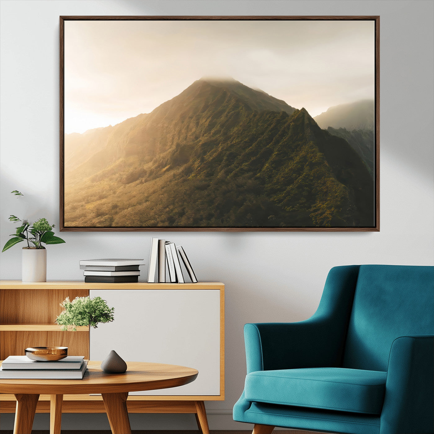 MGV-FC-36X24 - Golden Mountain Wall Art Canvas Print, Framed Misty Summit Art Picture Print, Rugged Landscape Perfect Moody Wilderness Decor Artwork