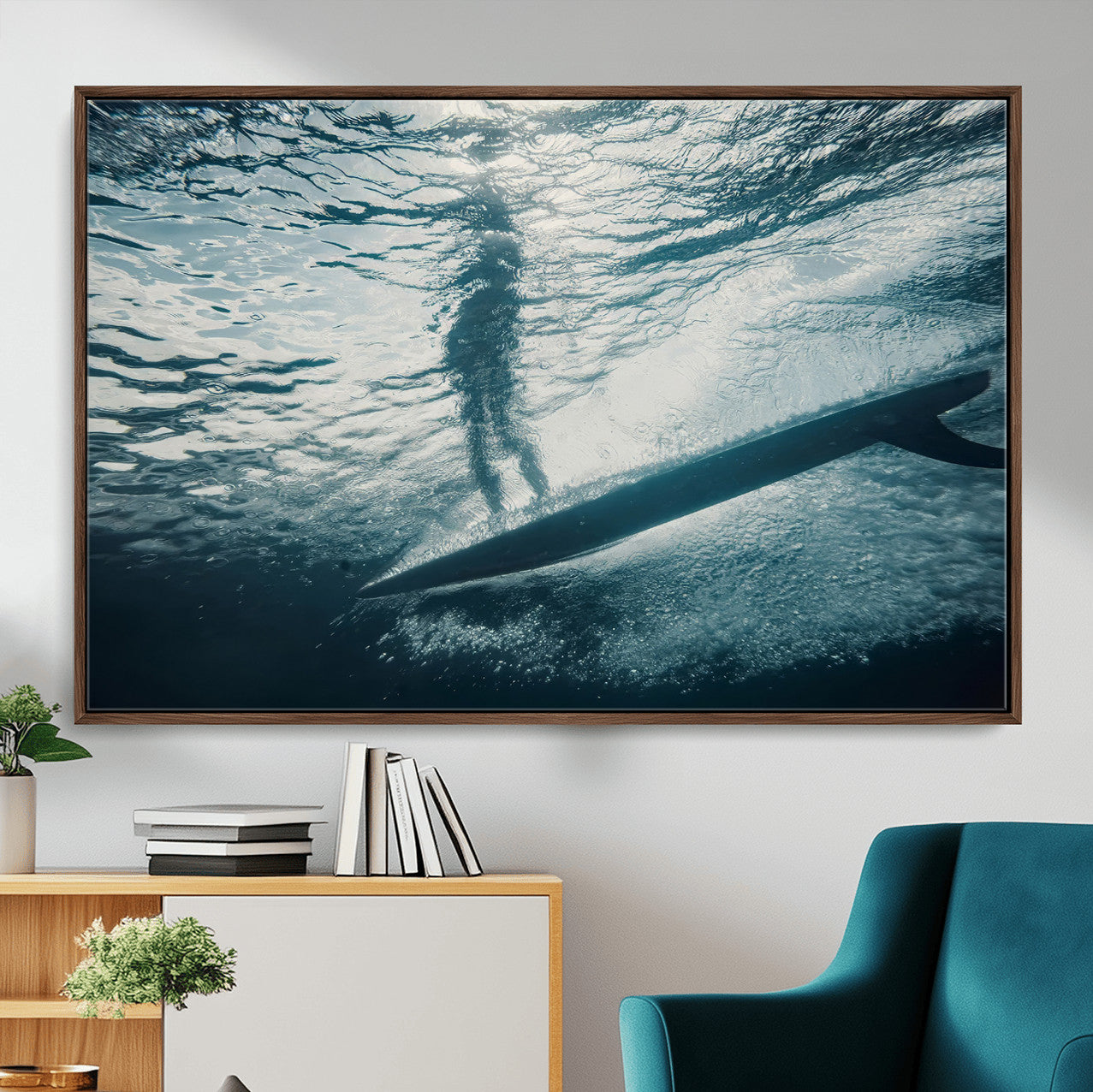 71192524-MGV-CV-36X24-Underwater Surf Wall Art – Framed Ocean Wave Canvas Artwork, Aquatic Surfboard Design, Modern Coastal Decor for Home, Office