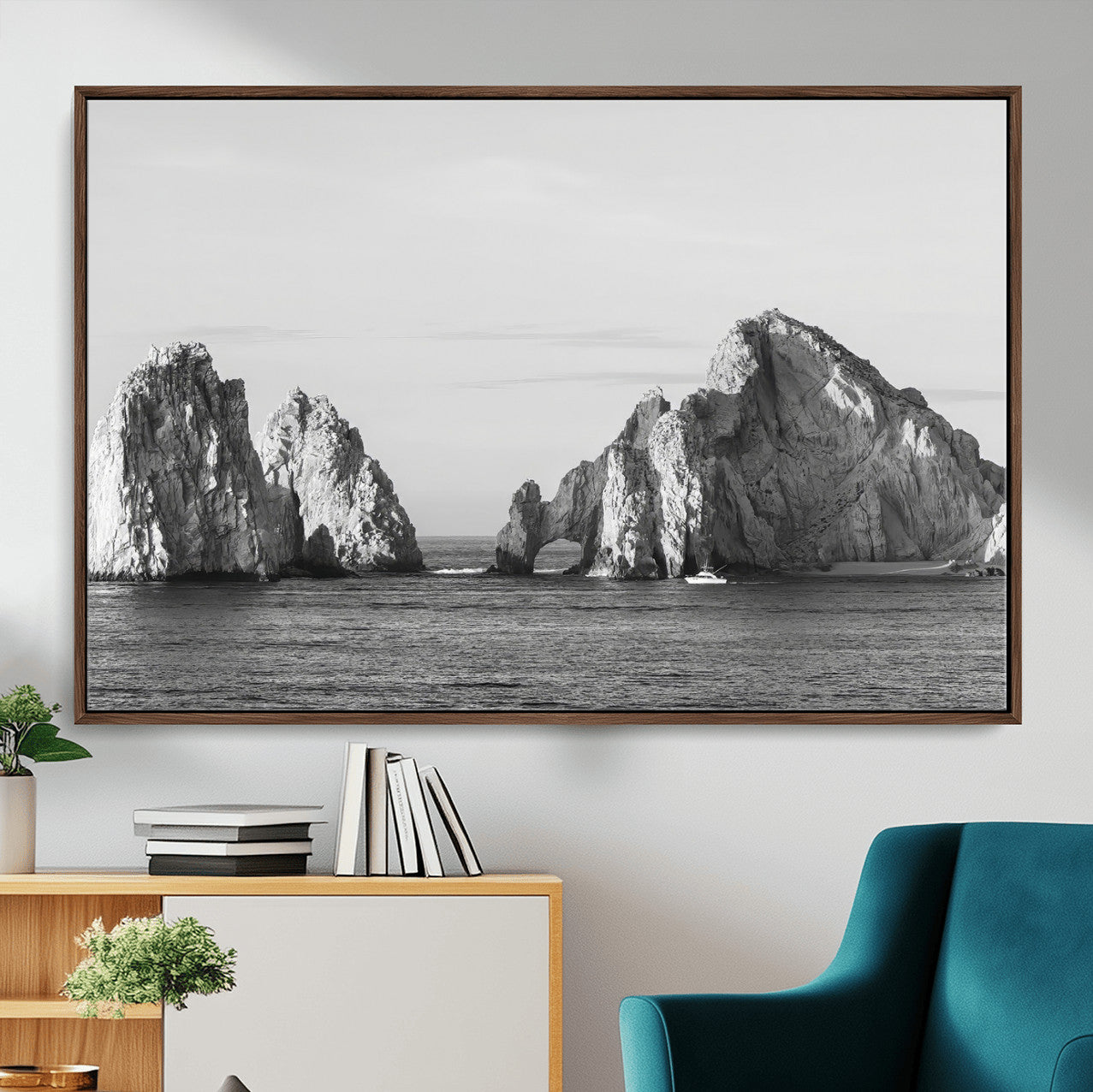 18810731-MGV-CV-36X24-Coastal Rock Arch Wall Art – Framed Black White Ocean Canvas Artwork, Natural Cliff Design, Minimal Decor for Home, Office