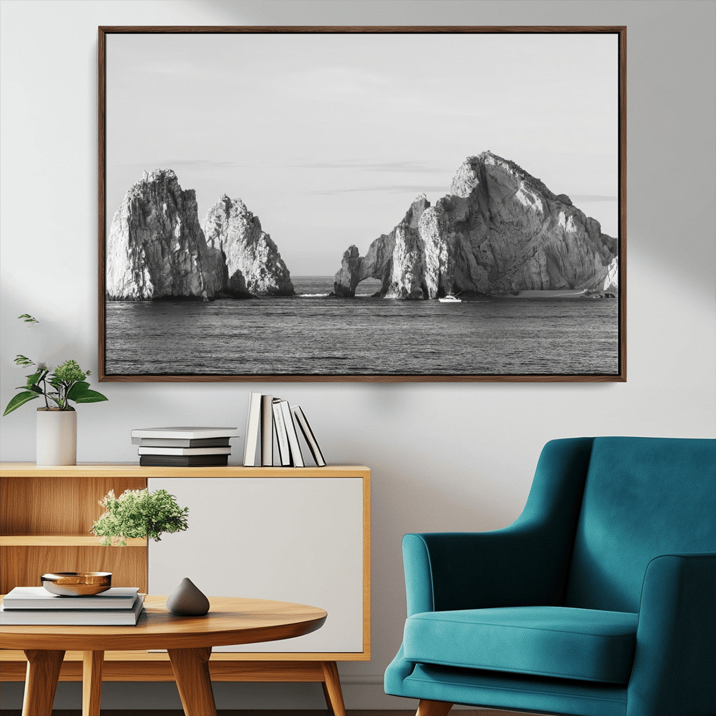 MGV-FC-36X24 - Rugged Coastline Wall Art Canvas Print, Framed Ocean Cliffs Art Picture Print, Monochrome Seascape Perfect Coastal Minimalist Decor Artwork