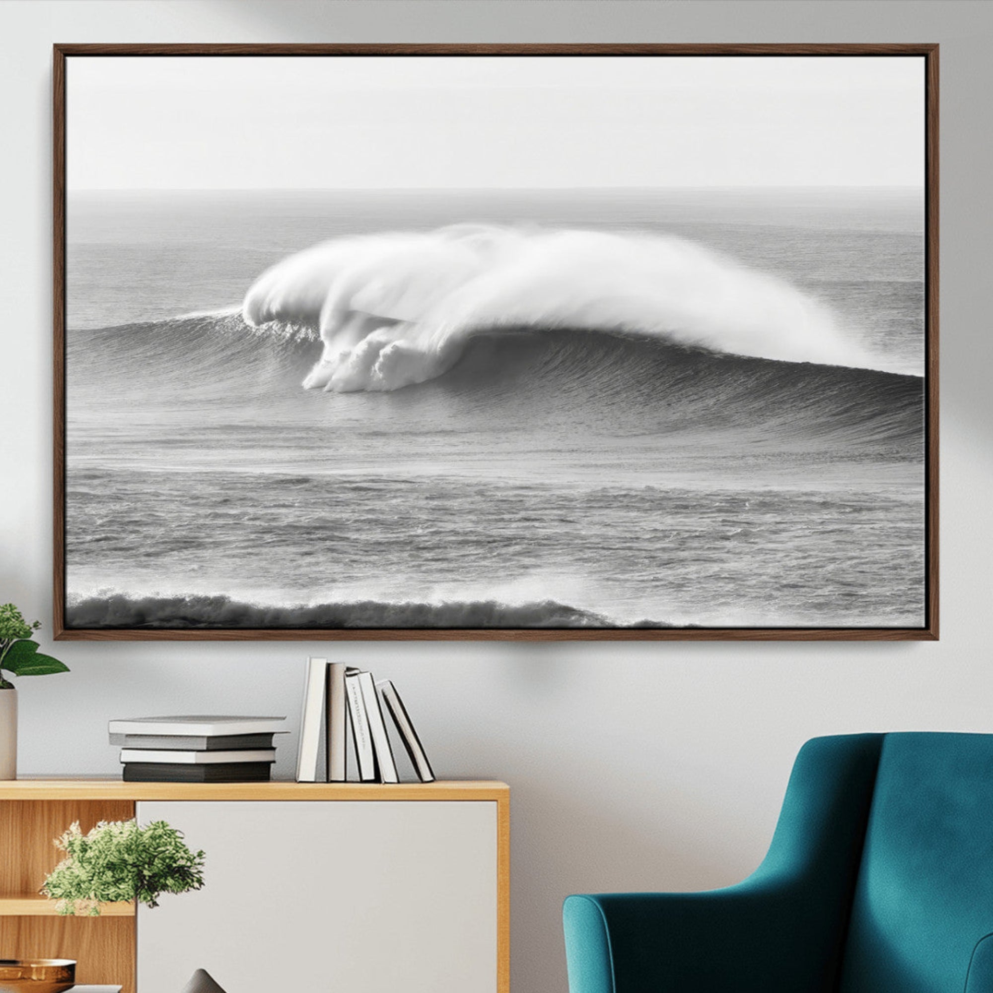 42544082-MGV-CV-36X24-Monochrome Seascape Wall Art Canvas Print – Framed Surf Wave Scene with Minimalist Ocean Artwork for Home, Office