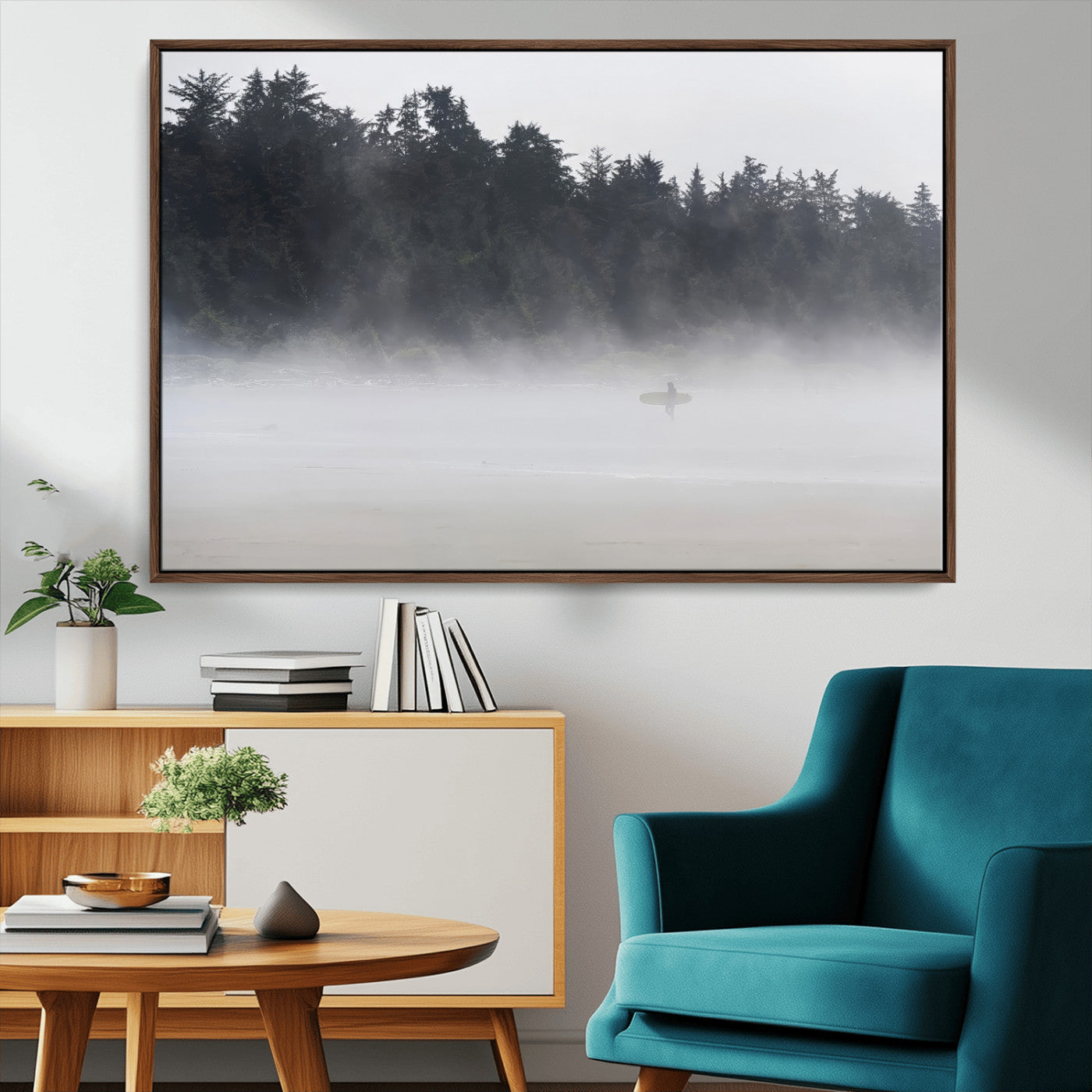 MGV-FC-36X24 - Surfer in Fog Wall Art Canvas Print, Framed Foggy Beach Art Picture Print, Coastal Surf Perfect Moody Coastal Decor Artwork