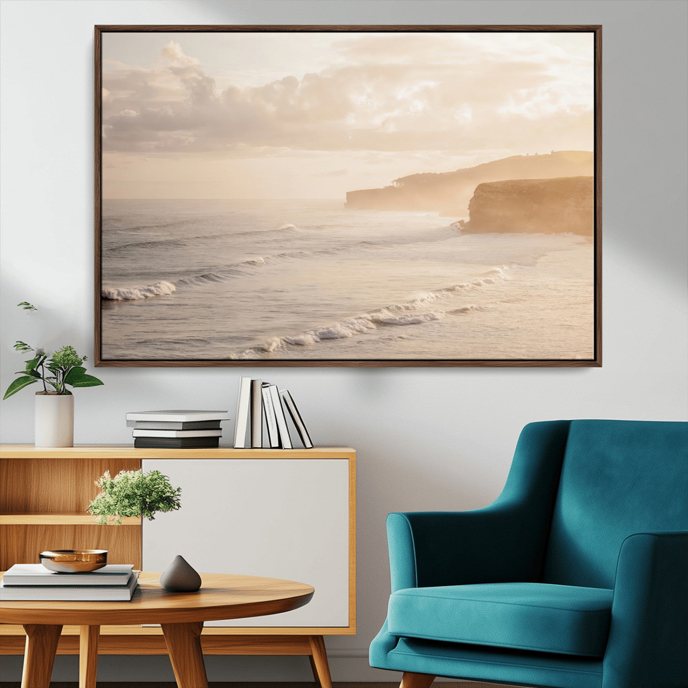 MGV-FC-36X24 - Misty Coastal Wall Art Canvas Print, Framed Golden Sunset Art Picture Print, Serene Shoreline Perfect Tranquil Coastal Decor Artwork