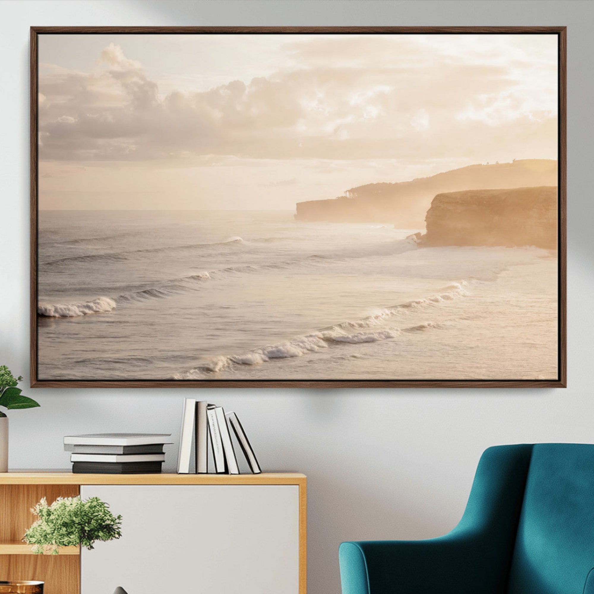 57669769-MGV-CV-36X24-Misty Coastal Wall Art Canvas Print – Framed Golden Sunset Scene with Serene Shoreline Artwork for Home, Office