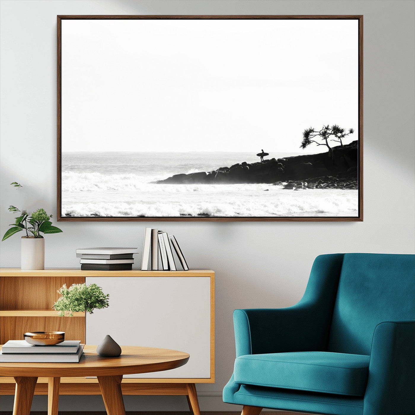 MGV-FC-36X24 - SurferCliffs Wall Art Canvas Print, Framed Black White Beach Art Picture Print, Ocean Waves Perfect Minimalist Coastal Decor Artwork