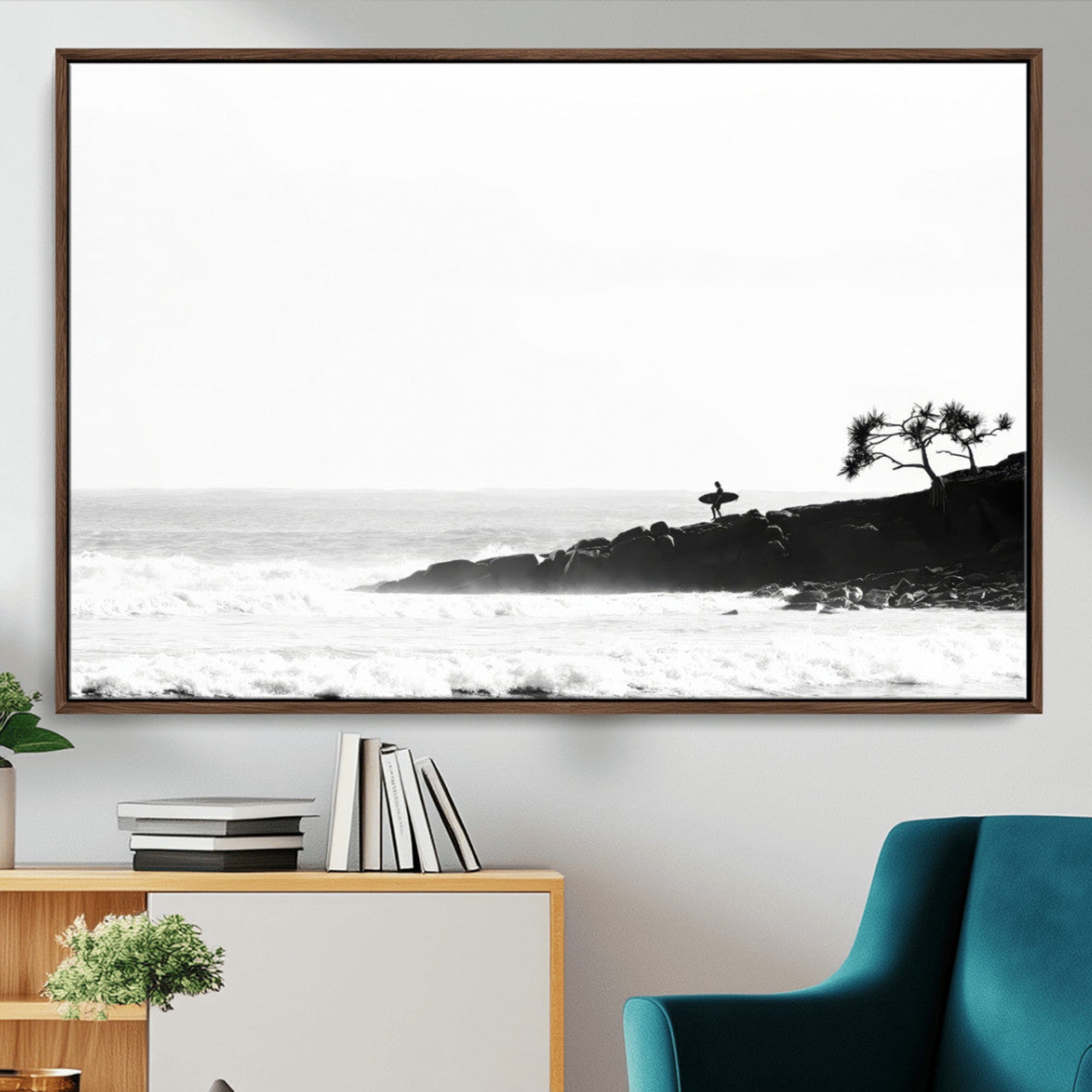 40875891-MGV-CV-36X24-Surfer Cliffs Wall Art Canvas Print – Framed Black White Beach Scene with Ocean Waves Artwork for Home, Office