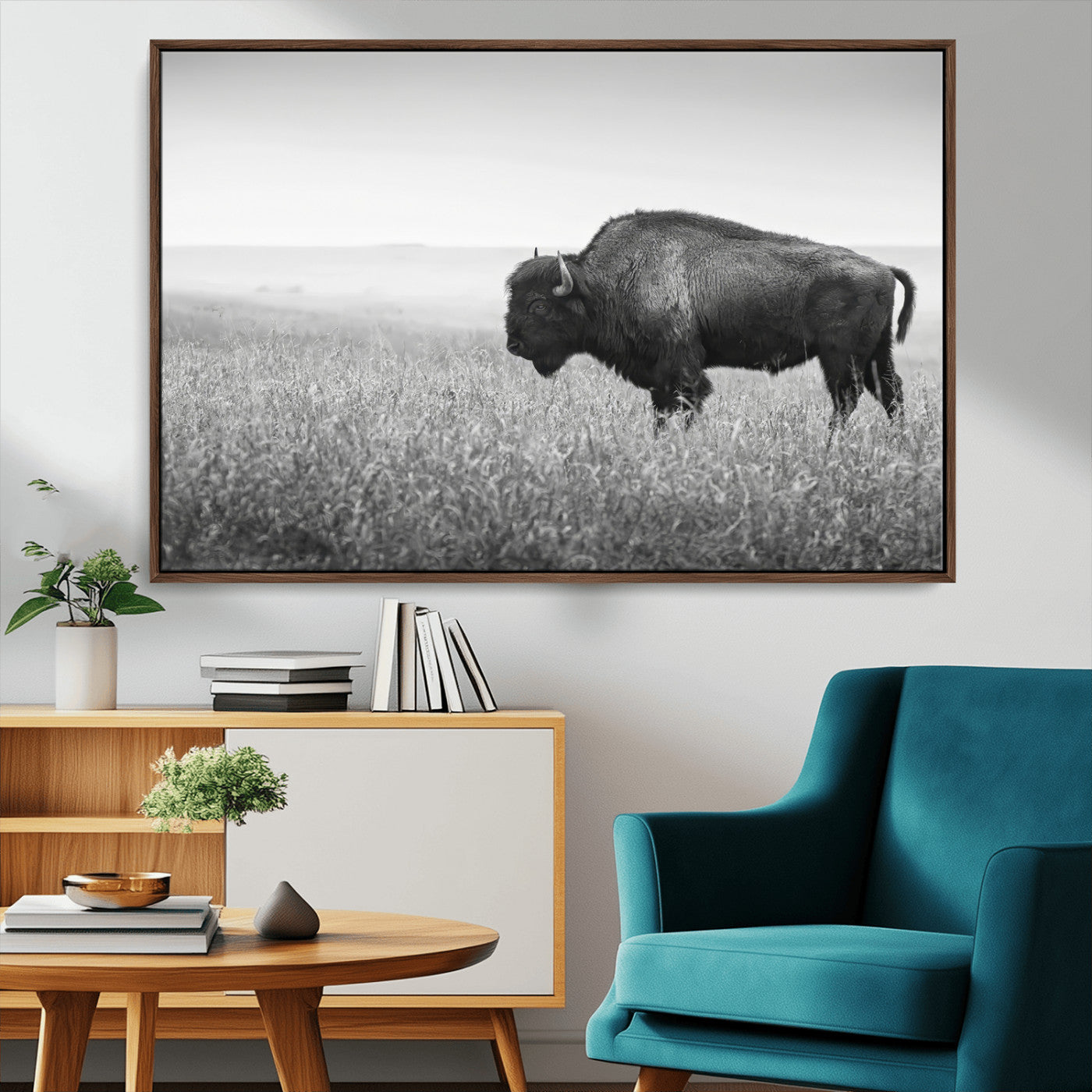 MGV-FC-36X24 - Bison In Prairie Wall Art Canvas Print, Framed Rustic Wildlife Art Picture Print, Wild Buffalo Perfect Rustic Western Decor Artwork