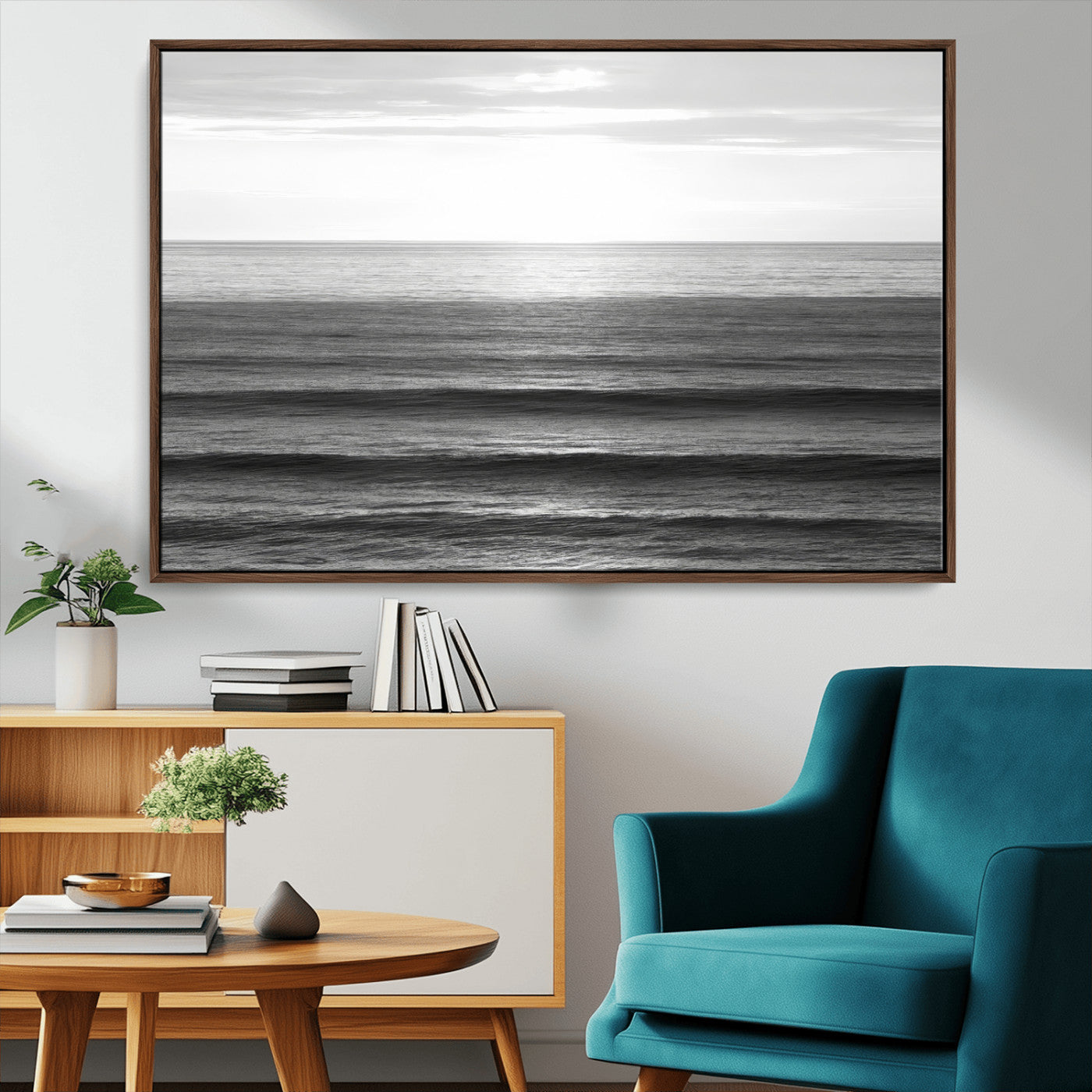 MGV-FC-36X24 - Monochrome Ocean Wall Art Canvas Print, Framed Moody Ocean Art Picture Print, Calm Ocean Perfect Minimalist Coastal Decor Artwork