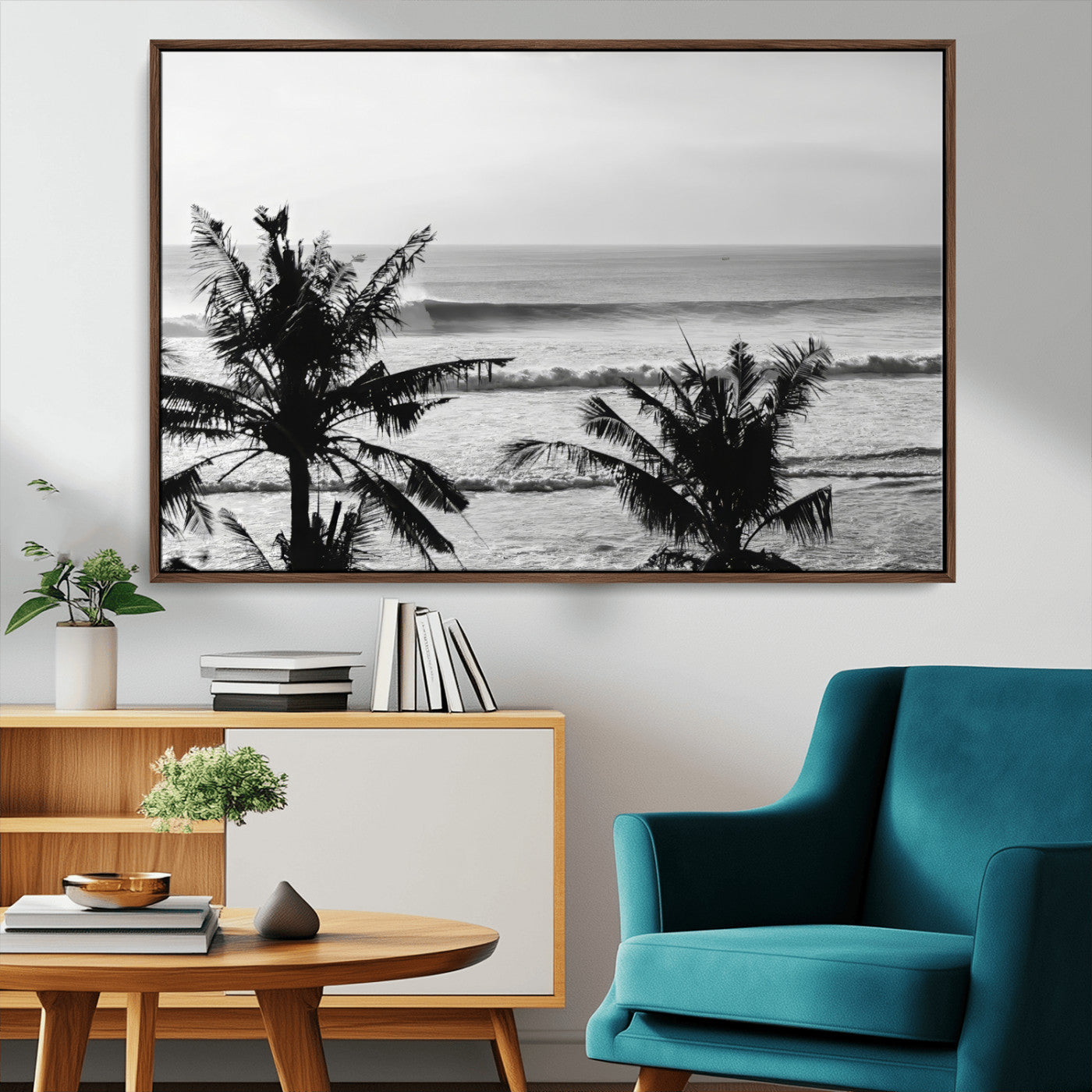 MGV-FC-36X24 - Tropical Coastline Wall Art Canvas Print, Framed Palm Trees Art Picture Print, Ocean Waves Perfect Minimalist Coastal Decor Artwork