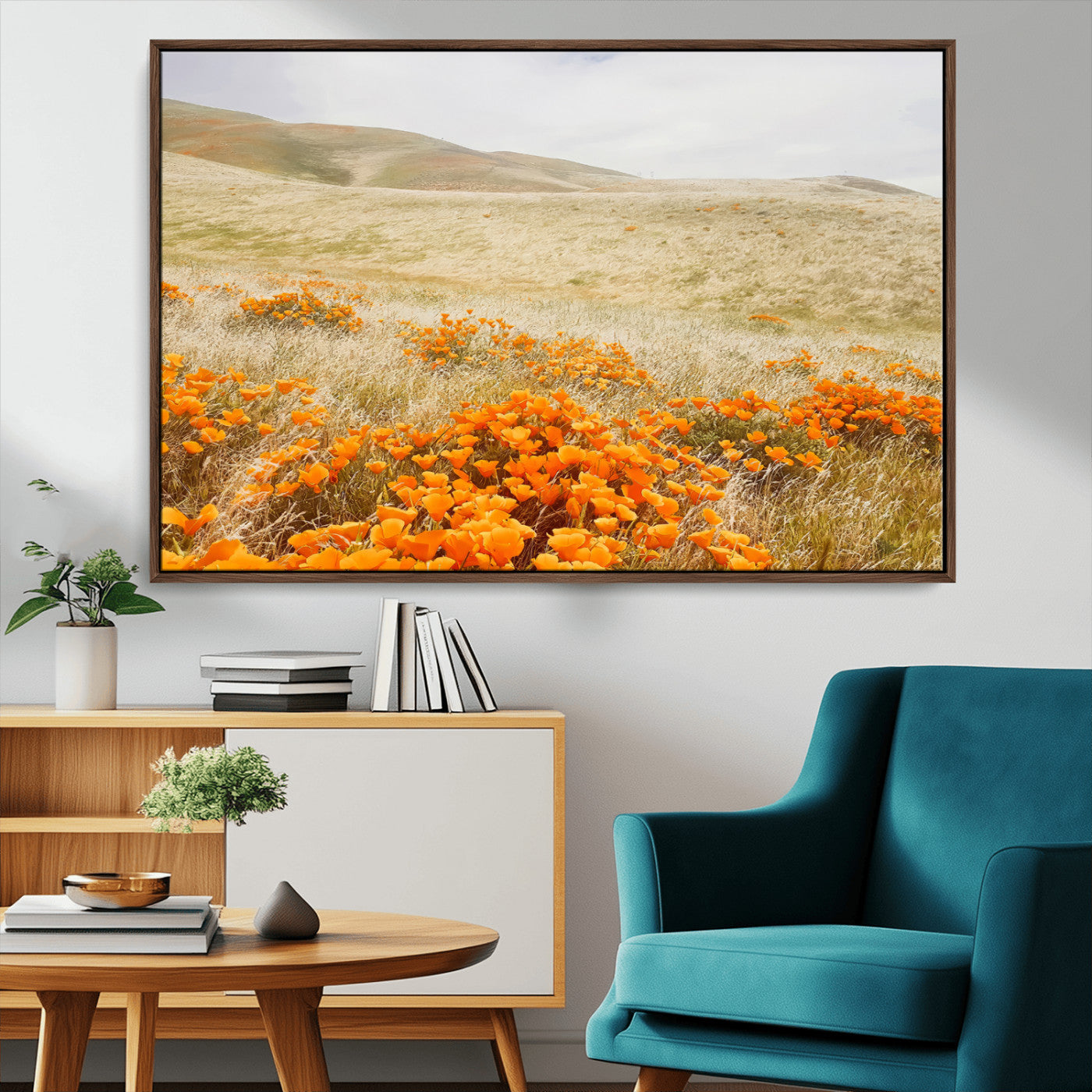 MGV-FC-36X24 - Golden Wildflowers Wall Art Canvas Print, Framed Hills Bloom Art Picture Print, Poppy Meadow Perfect Rustic Nature Decor Artwork