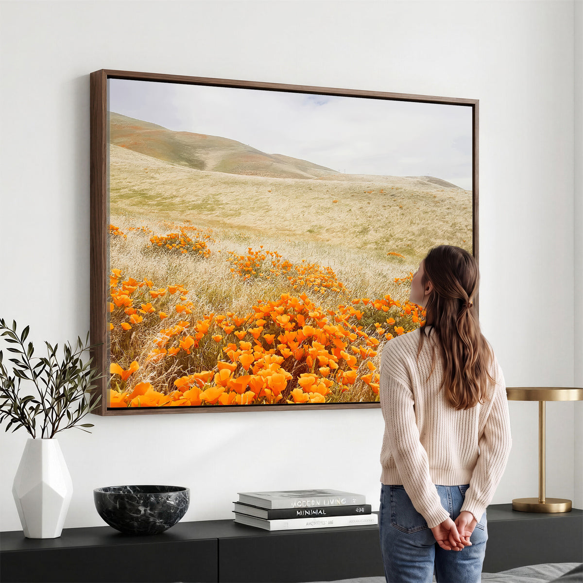 28972262-_Poster-30x20 - Golden Wildflowers Wall Art Canvas Print, Framed Hills and Poppy Meadow Scene