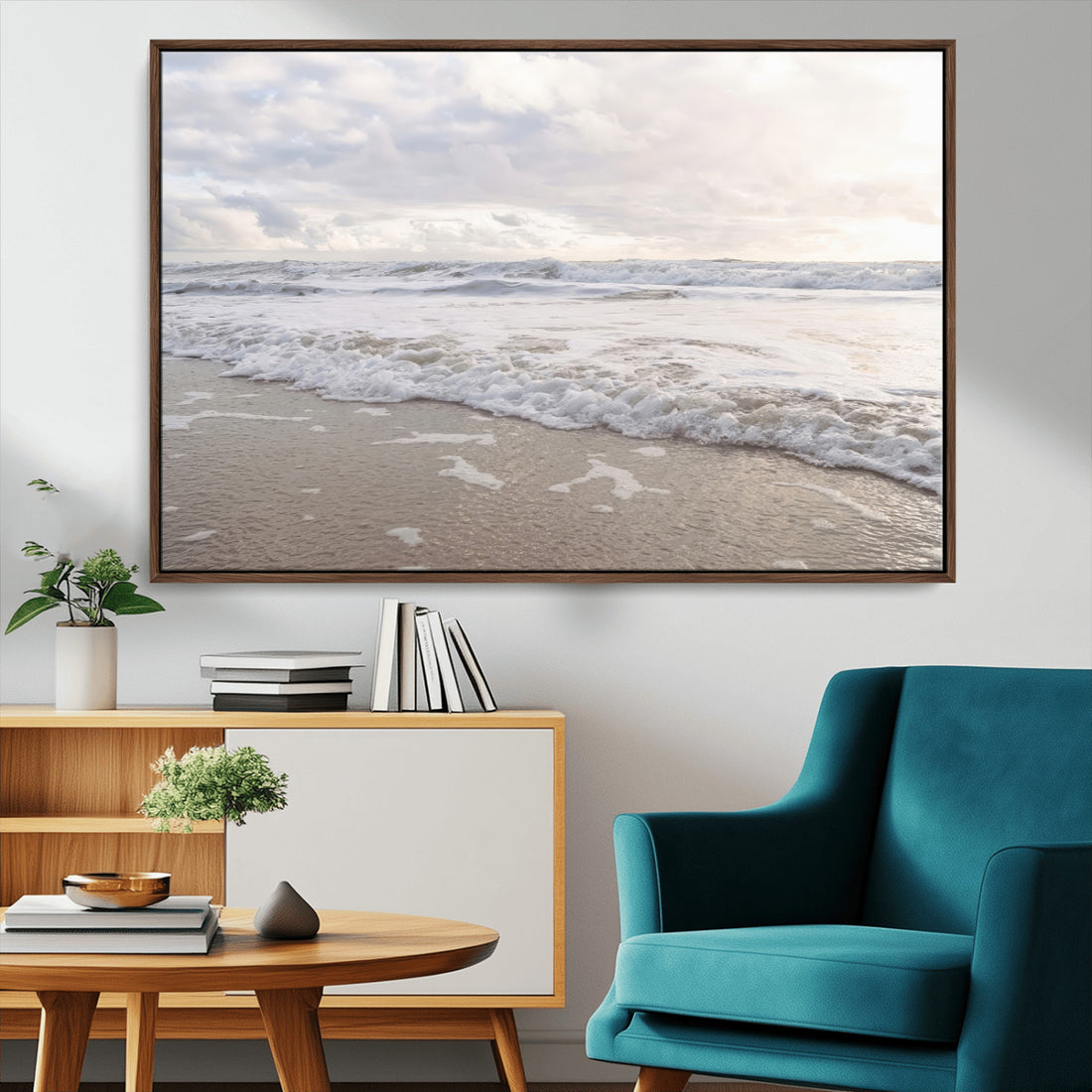 Ocean Waves Wall Art Canvas Print, Framed Coastal Shoreline and Sea Foam Scene