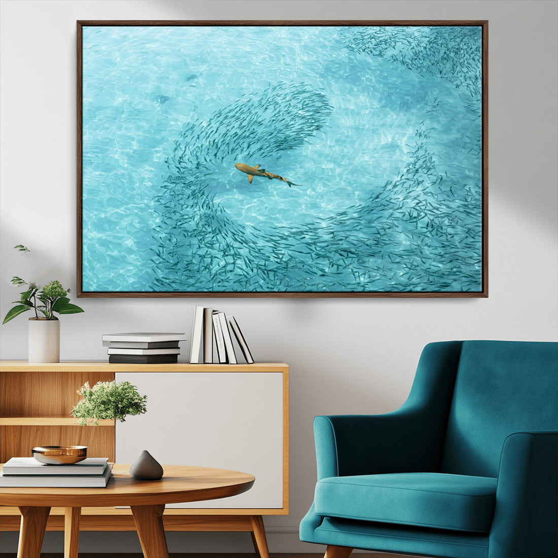 Fish Swarm Wall Art Canvas Print, Framed Aerial Shark and Marine Life Scene