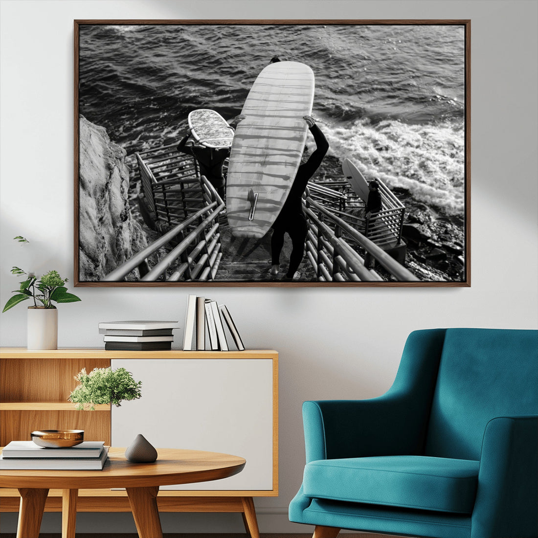 Black and White Surfing Wall Art Canvas Print, Framed Coastal Wave Riders Scene