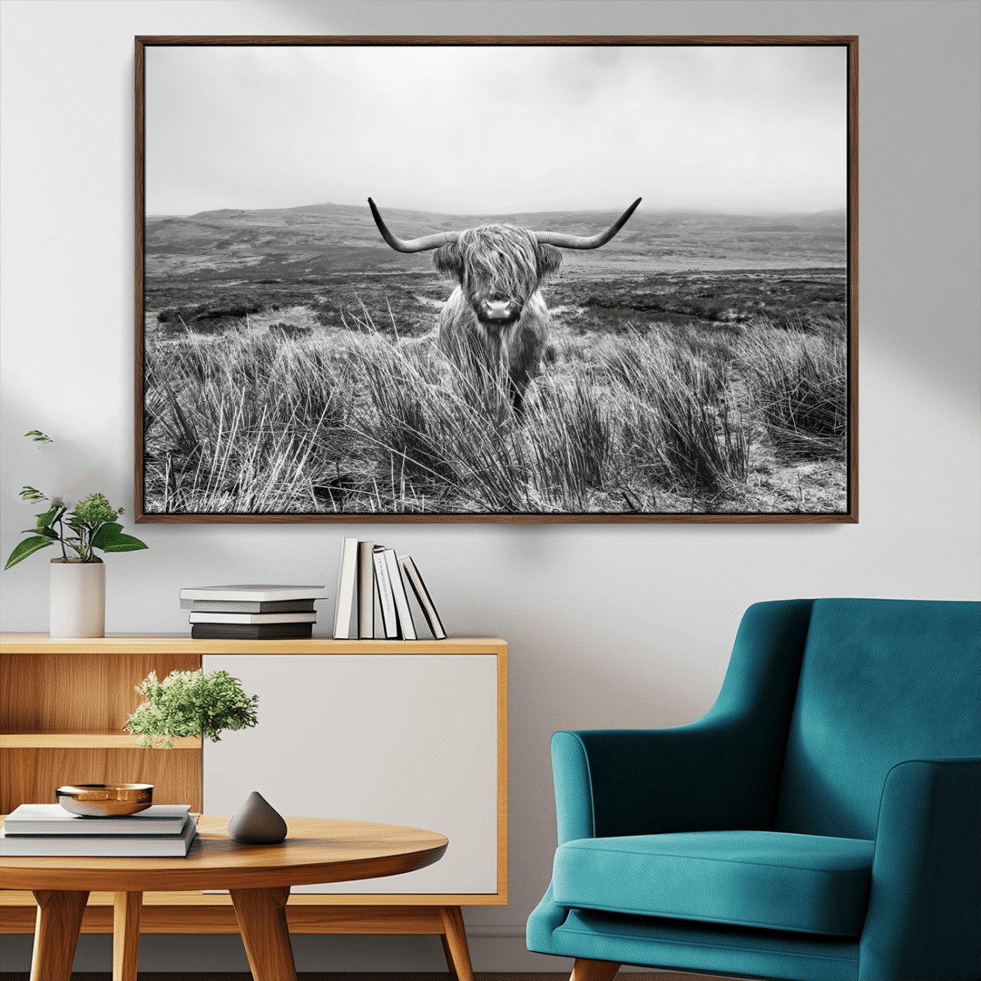 MGV-FC-36X24 - Monochrome Highland Cow Wall Art Canvas Print, Framed Scottish Bull Art Picture Print, Lone Cattle Perfect Rustic Farmhouse Decor Artwork