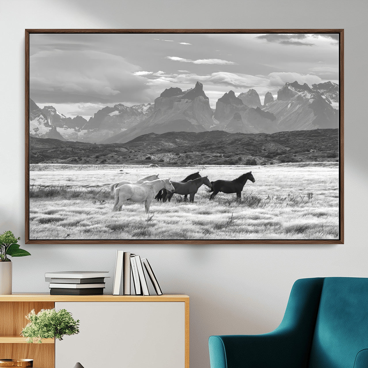 21655040-MGV-CV-36X24-Wild Horses Wall Art – Framed Black White Mountain Canvas Artwork, Rustic Countryside Design, Western Decor for Home, Office