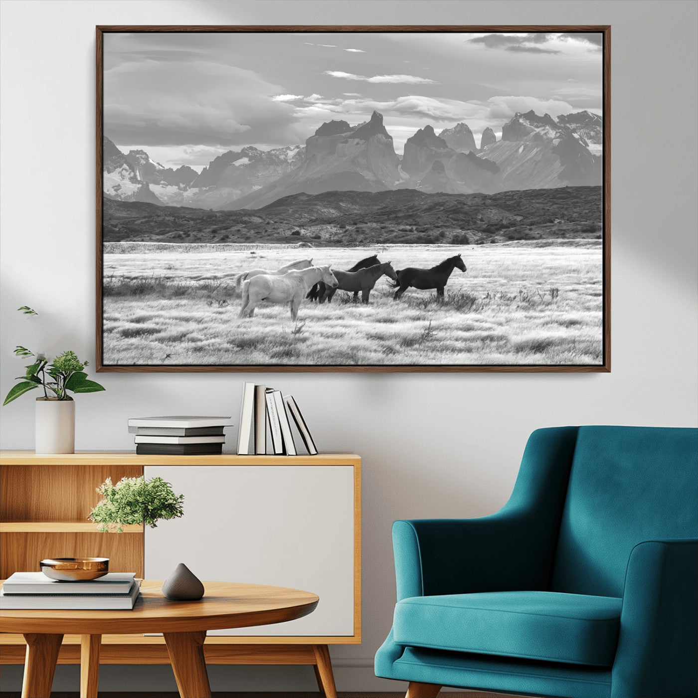 MGV-FC-36X24 - Wild Horses Wall Art Canvas Print, Framed Black White Mountains Art Picture Print, Rustic Countryside Perfect Rustic Western Decor Artwork