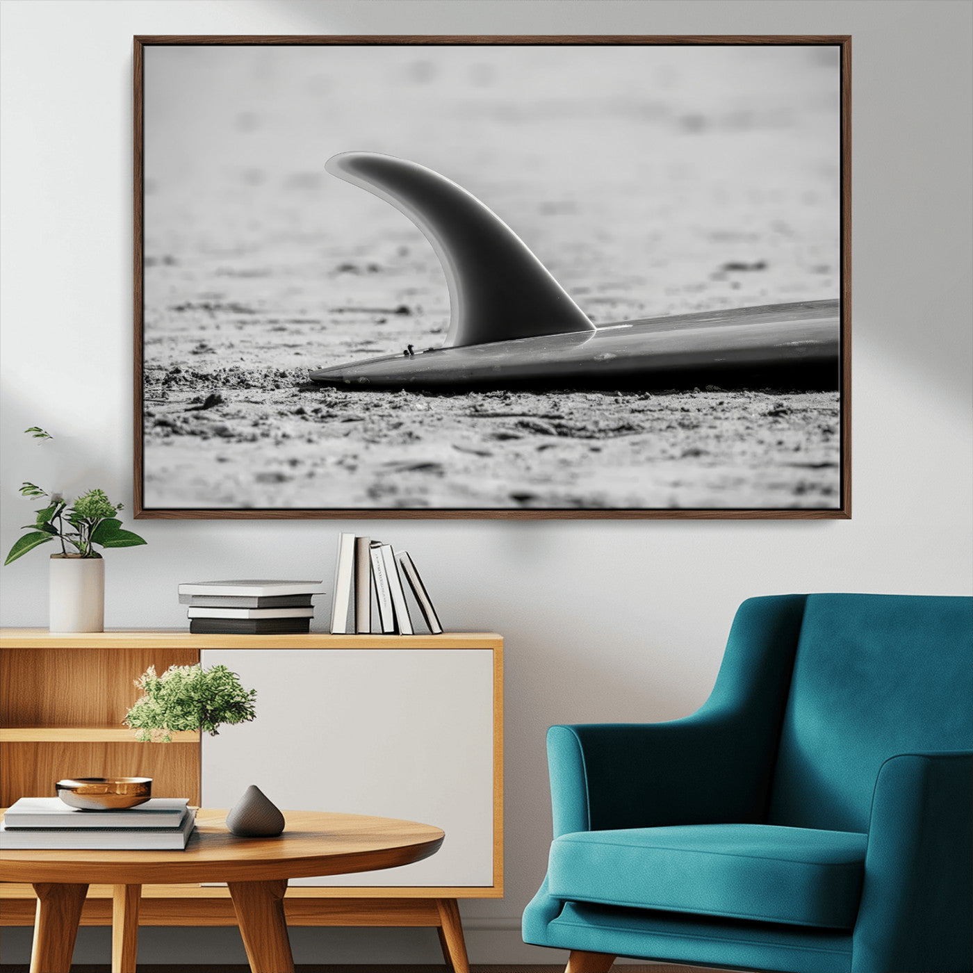 MGV-FC-36X24 - Black White Surfboard Wall Art Canvas Print, Framed Minimalist Beach Art Picture Print, Surf Fin Perfect Minimalist Coastal Decor Artwork